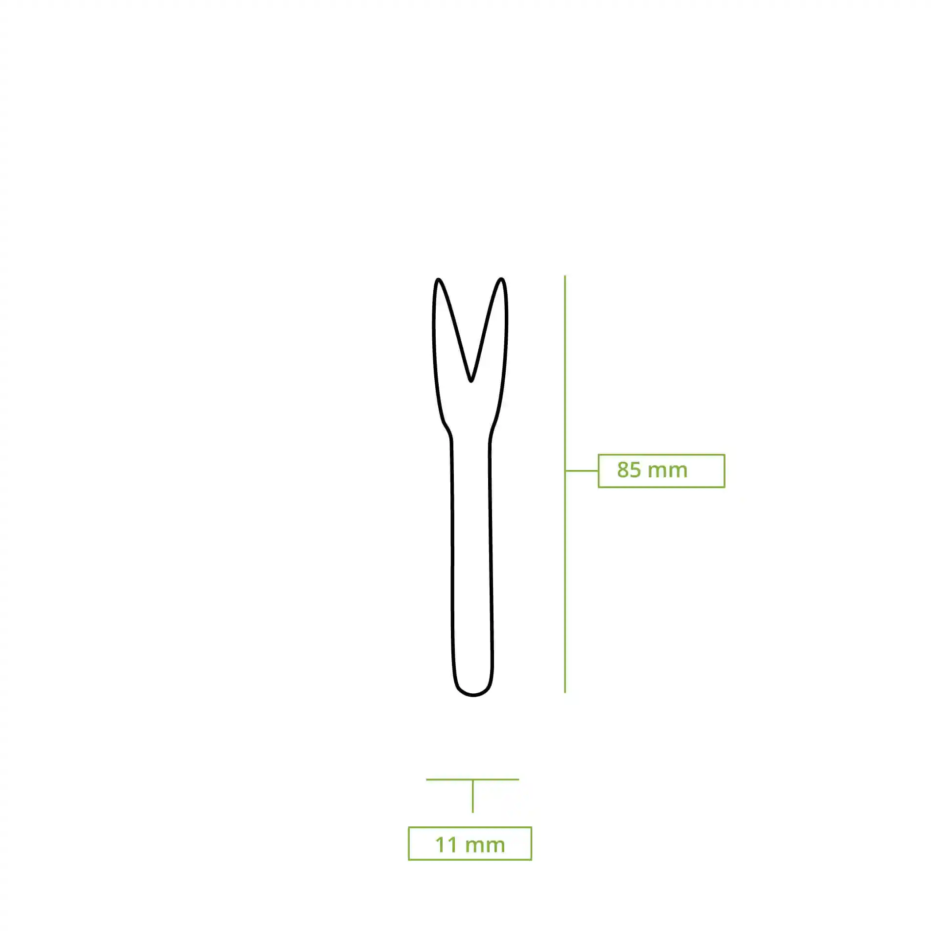 Dessin schématique d'une fourche en bois, mesurant 85 mm de long et 11 mm de large.