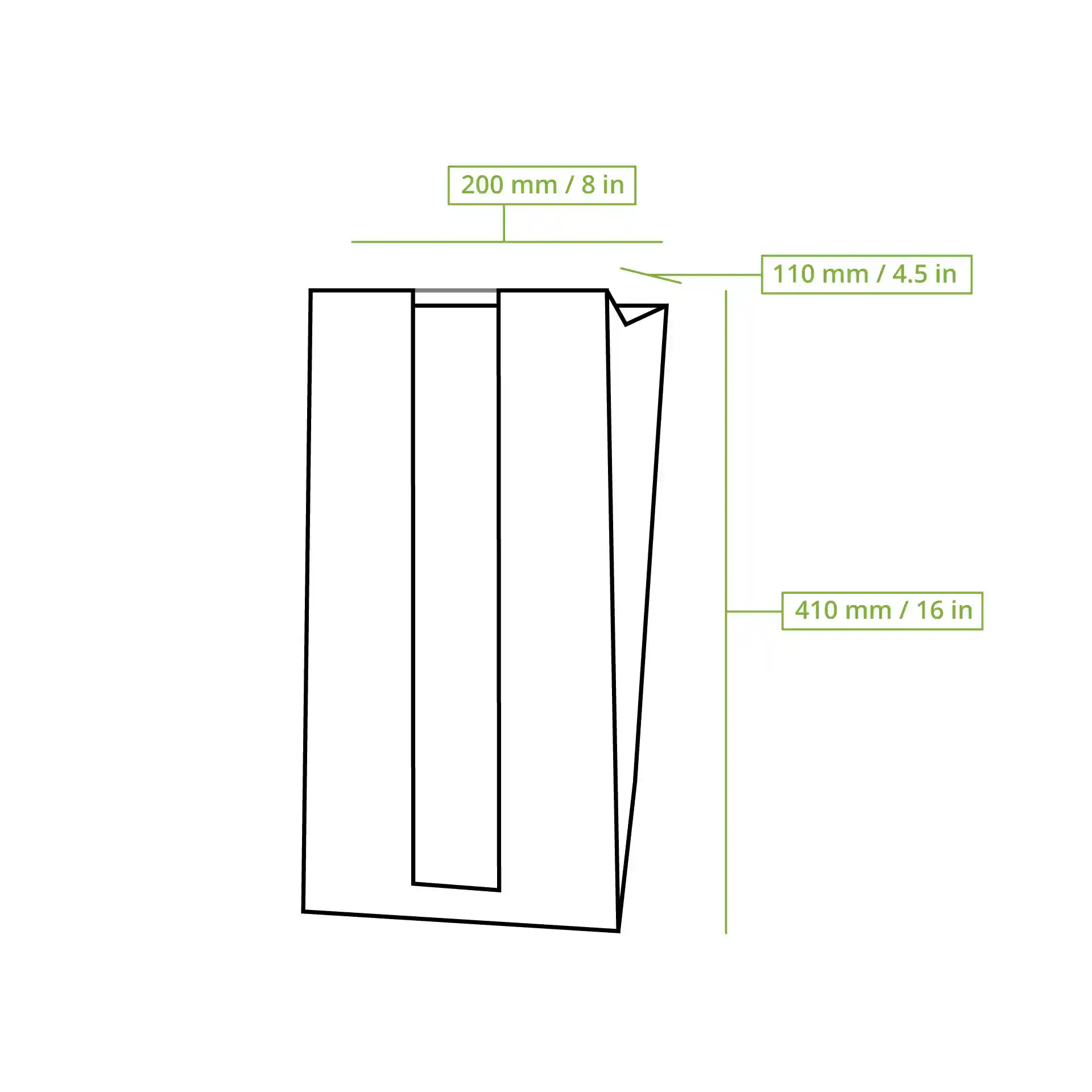 Dessin schématique d'un sac à pain en papier plat avec dimensions étiquetées : 200 mm de longueur, 110 mm de largeur et 410 mm de hauteur.