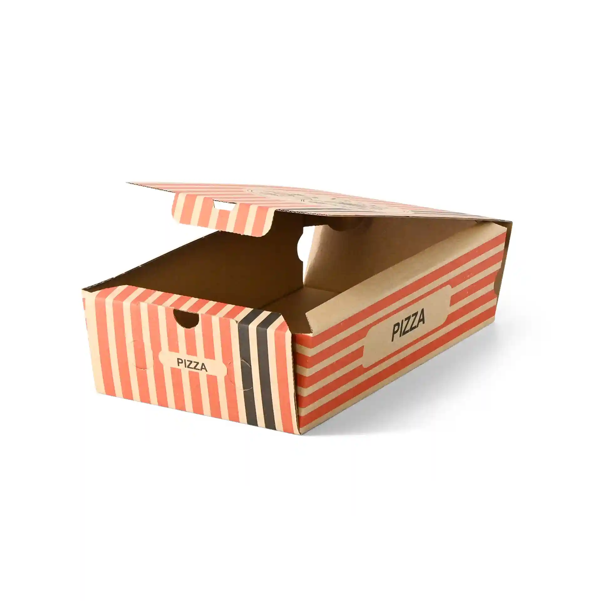 Boîte à pizza marron avec un design de chef pizzaiolo, mesurant 27 x 16 x 7 cm, partiellement ouverte pour montrer l'intérieur.