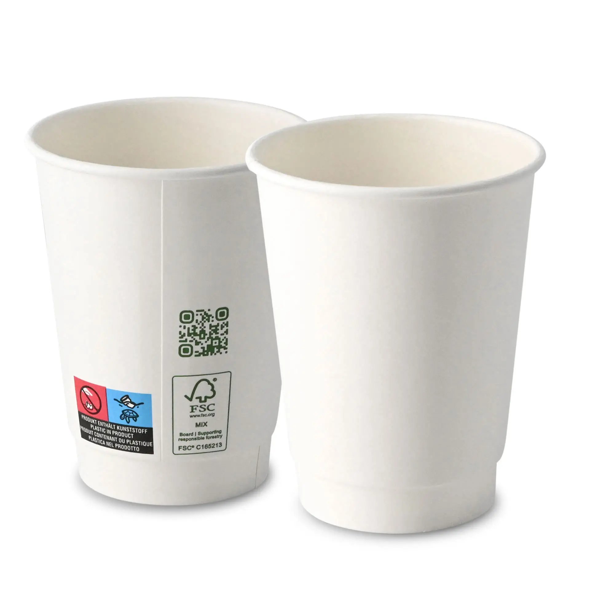 Tasse à café blanche à double paroi, 300 ml avec revêtement intérieur en PLA ; code QR et étiquettes écologiques sur le côté.