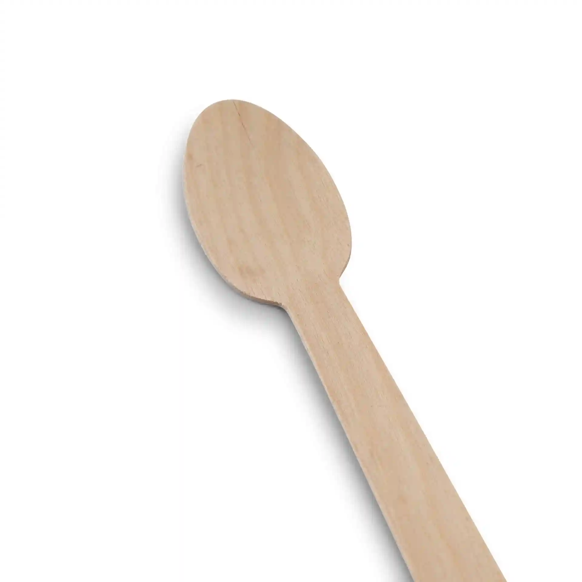 Cuillère en bois mesurant 14 cm de long, avec une surface lisse et une tête ovale.