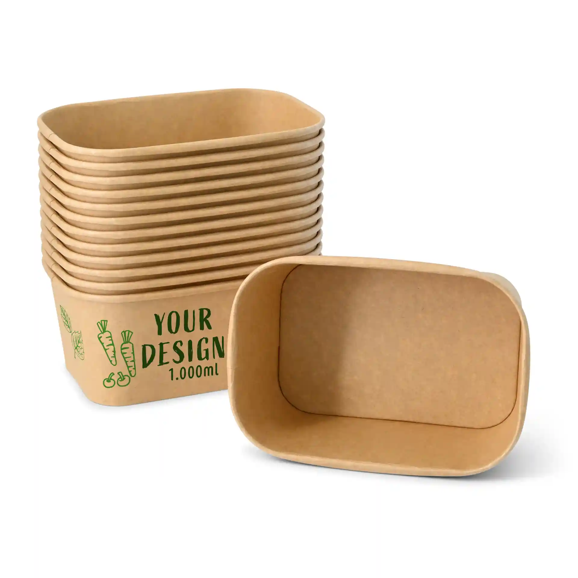Bol à salade rectangulaire marron avec intérieur en PE, capacité de 1000 ml, présenté avec plusieurs empilés et un debout.