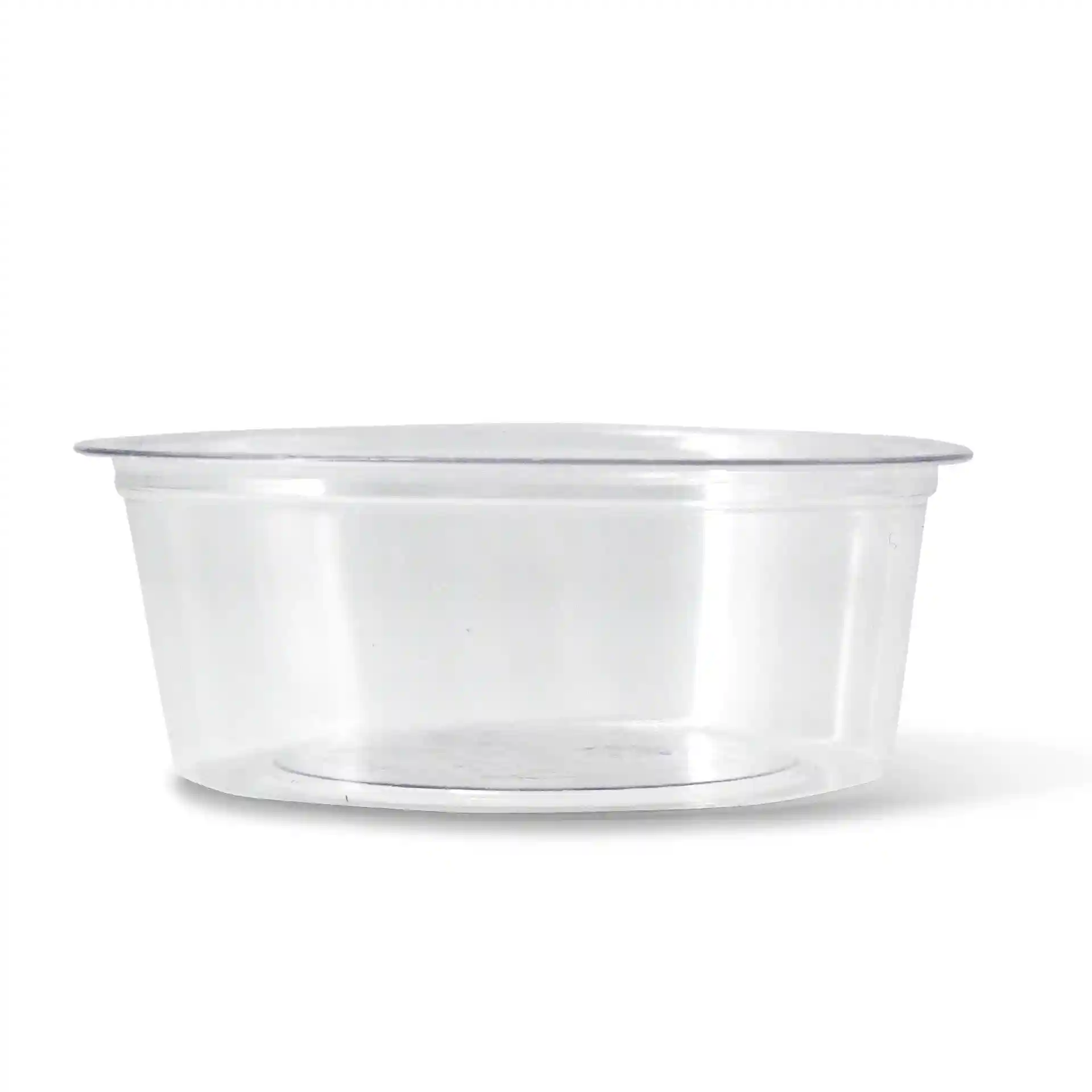 Gobelet en PLA transparent d'un diamètre de 70 mm et d'une hauteur de 25 mm, vu de côté.