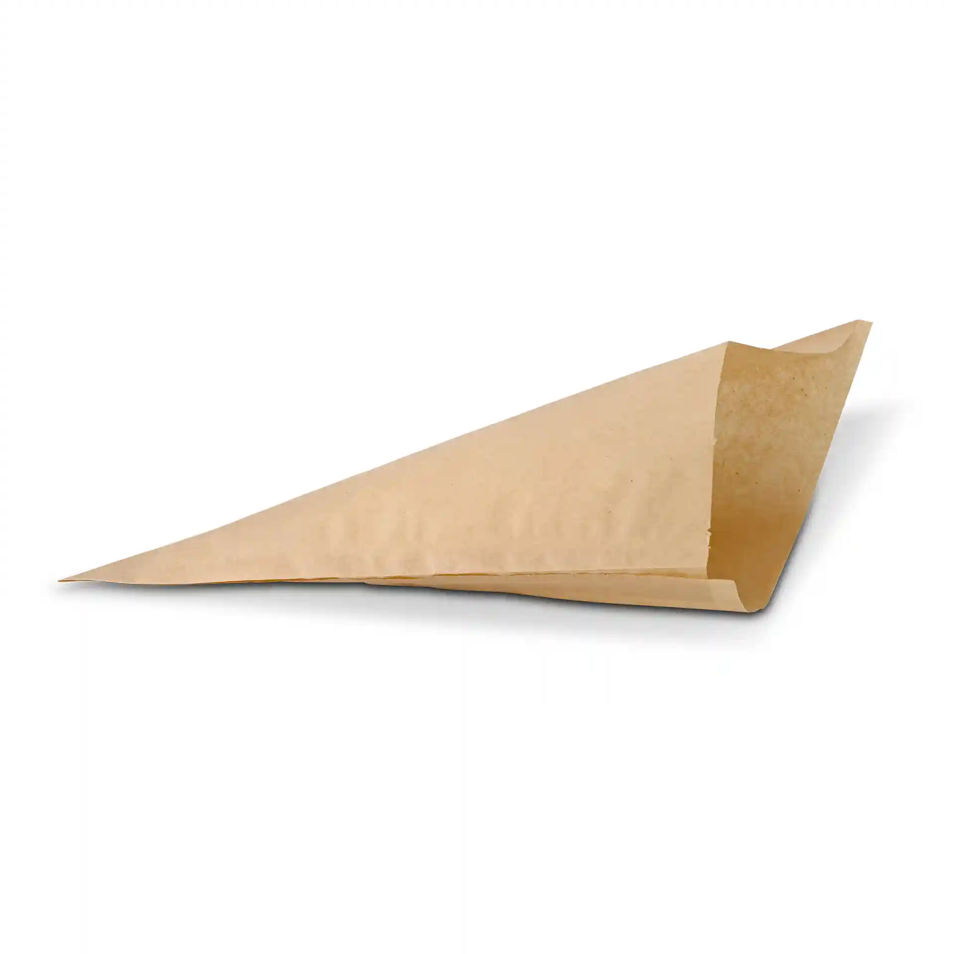 Sac en papier brun pour frites, résistant à la graisse, en forme triangulaire et ouvert, mesurant 23 cm sur 23 cm.