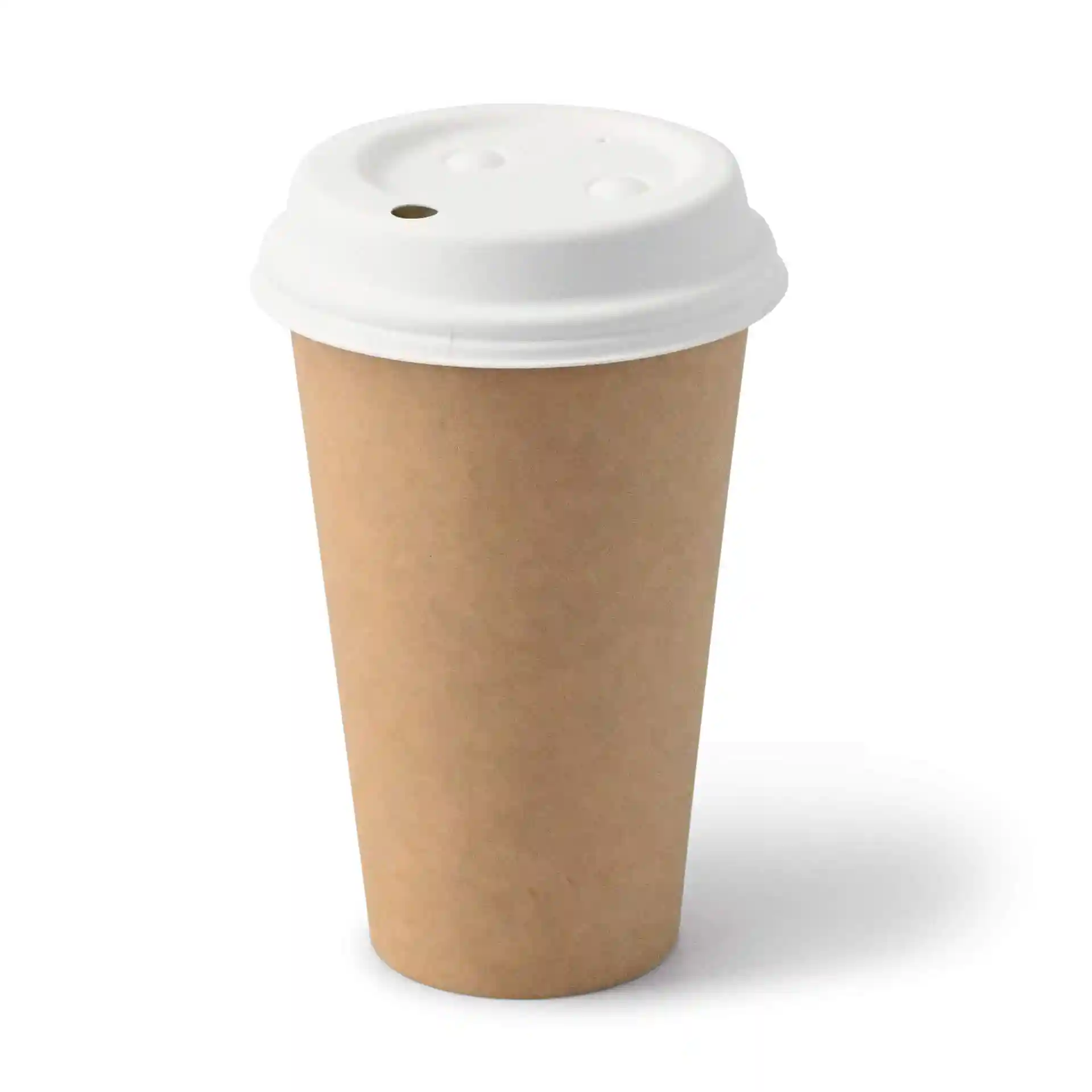 Gobelet en papier brun avec un couvercle blanc, capacité de 16 oz, forme ronde et matériau en carton enduit.