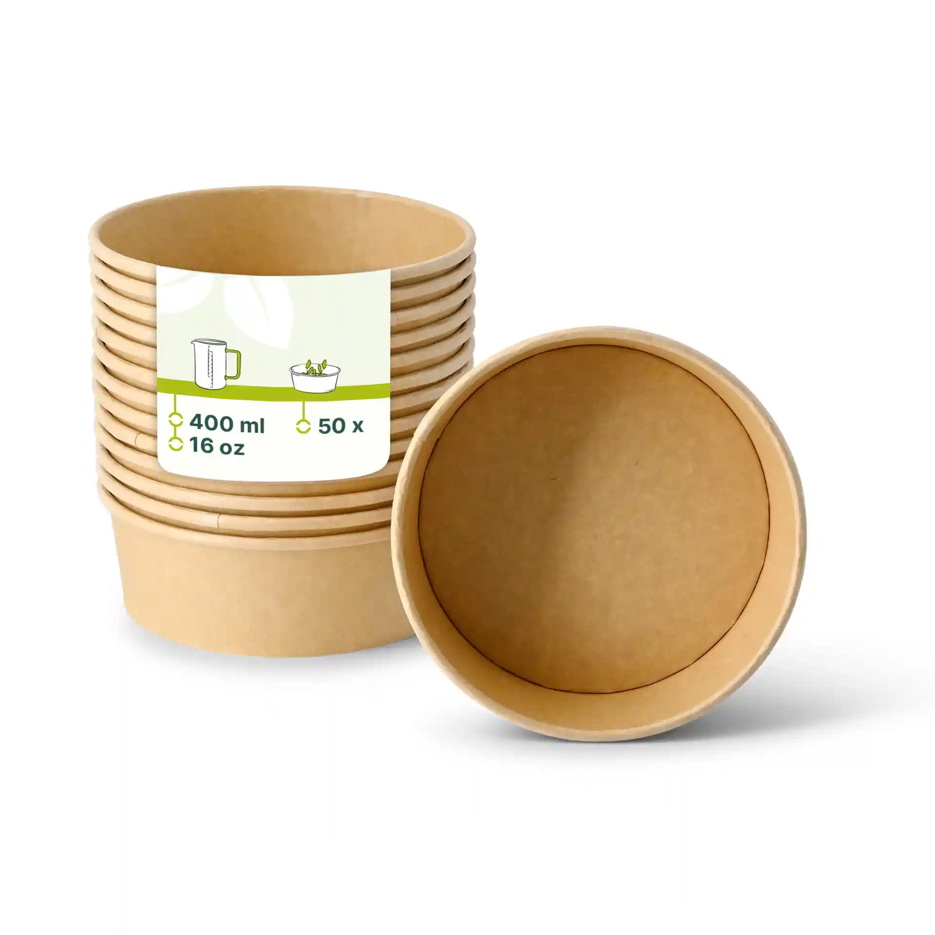 Des bols en carton marron empilés, un bol retourné montrant l'intérieur et une étiquette avec les détails du produit.