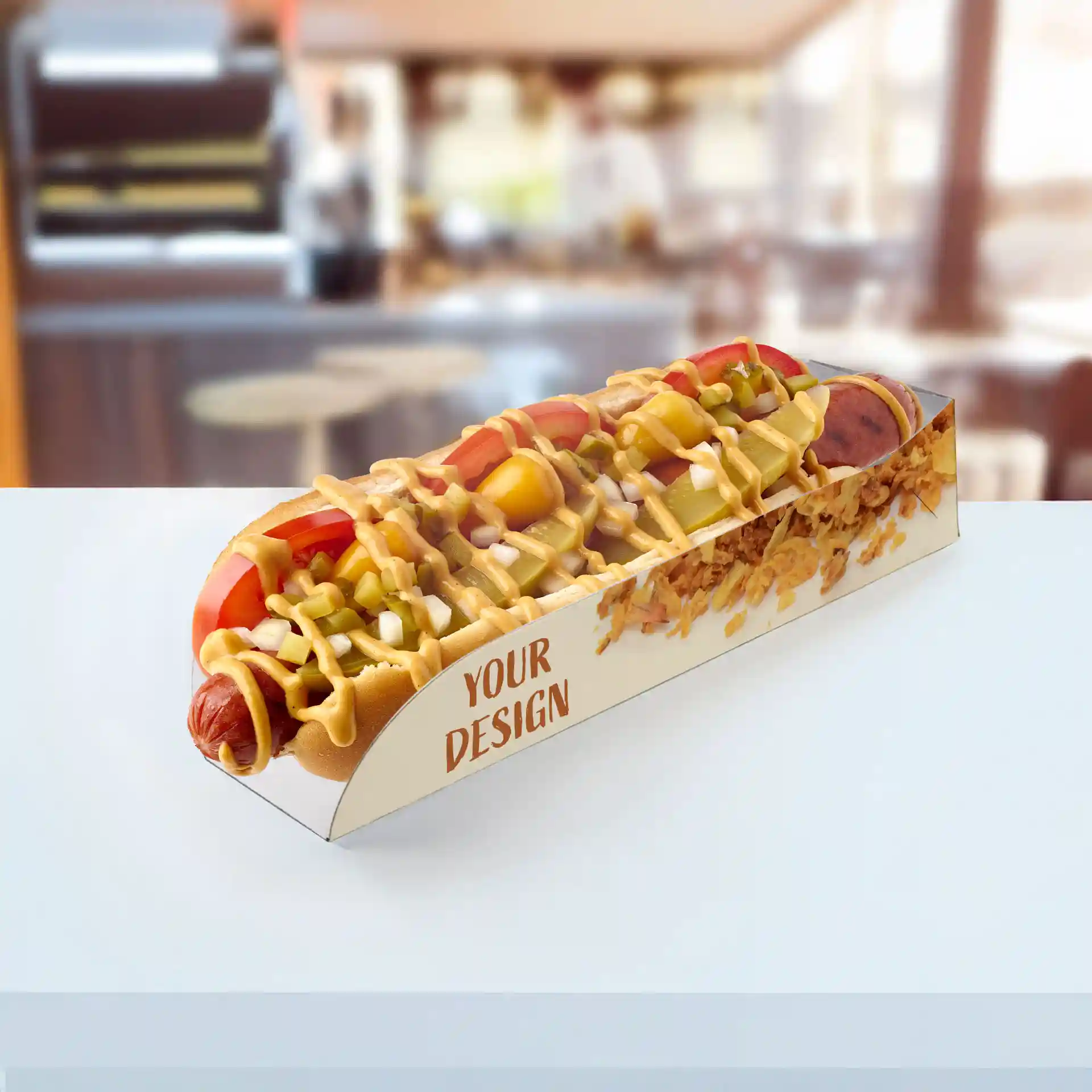 Emballage de hot dog avec garnitures, présentant une zone de design, sur fond blanc. Dimensions : 20 x 5 x 4 cm.