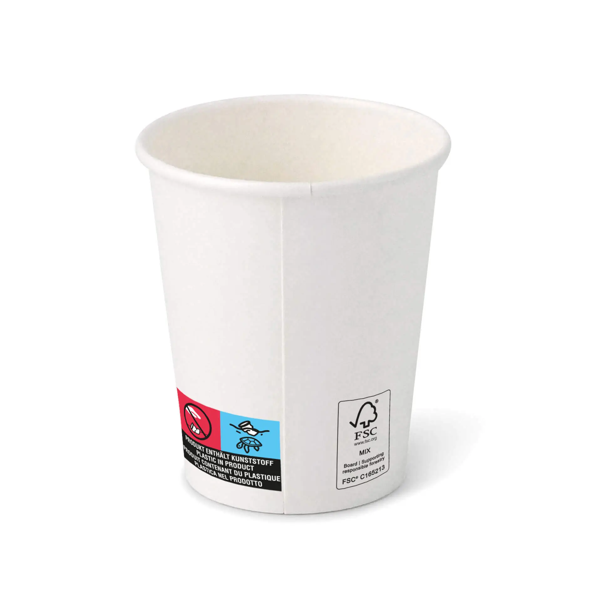 Gobelet en papier blanc de forme ronde, capacité de 8 oz et étiquettes visibles sur le côté.