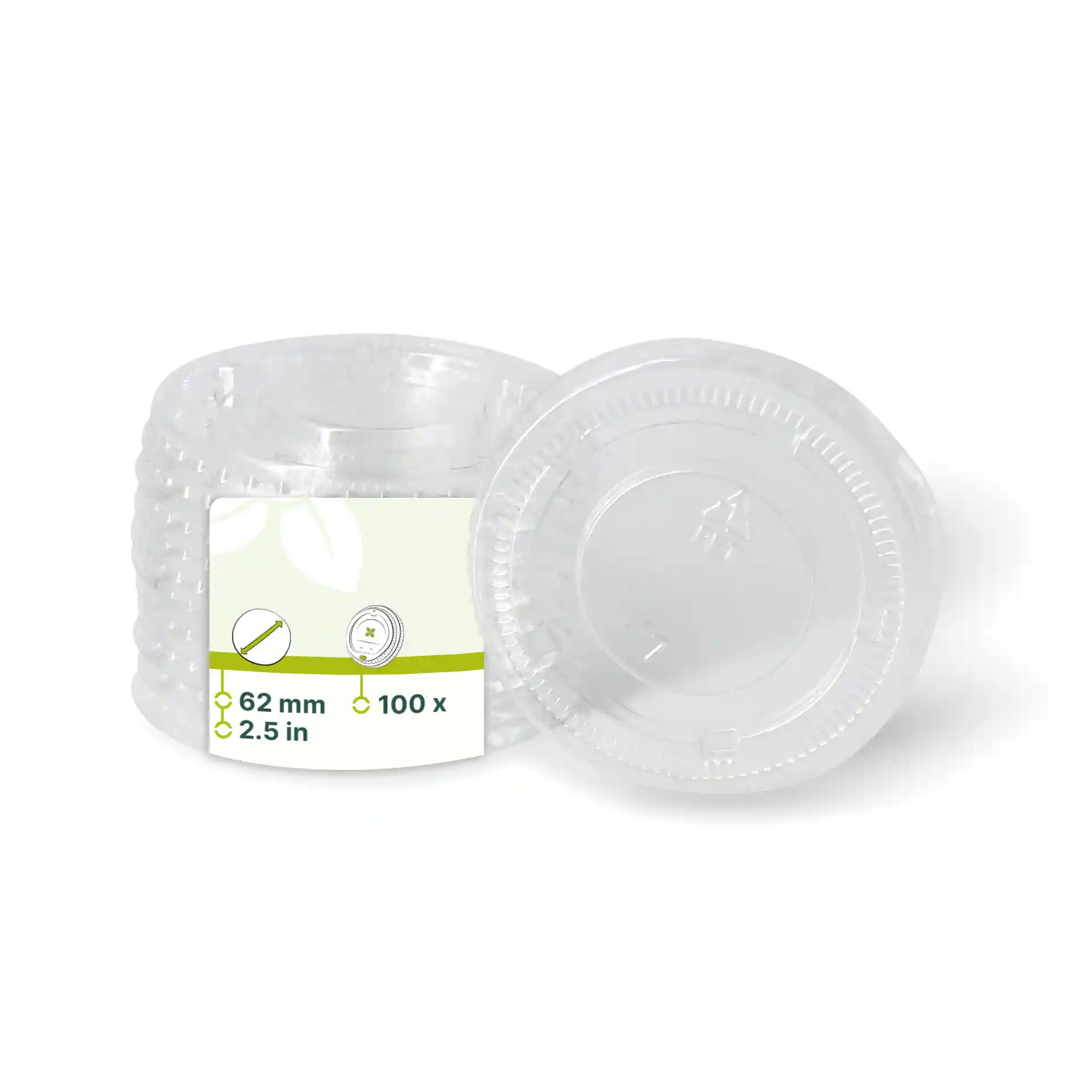 Couvercles ronds en PET transparents de 62 mm de diamètre, empilés avec une étiquette indiquant les détails du produit.