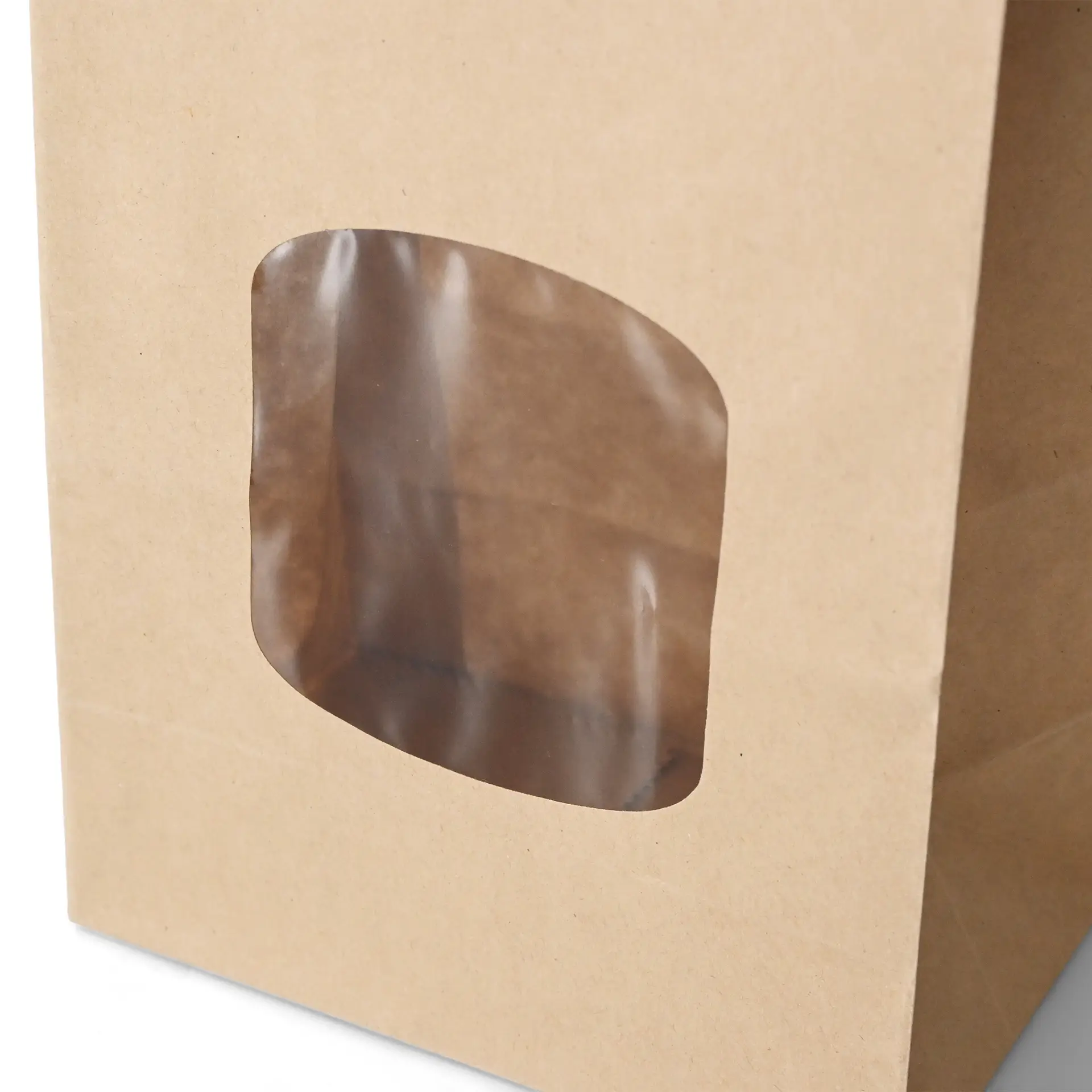 Sac en papier kraft marron avec fenêtre en plastique transparent, fond plat et fermeture en métal.