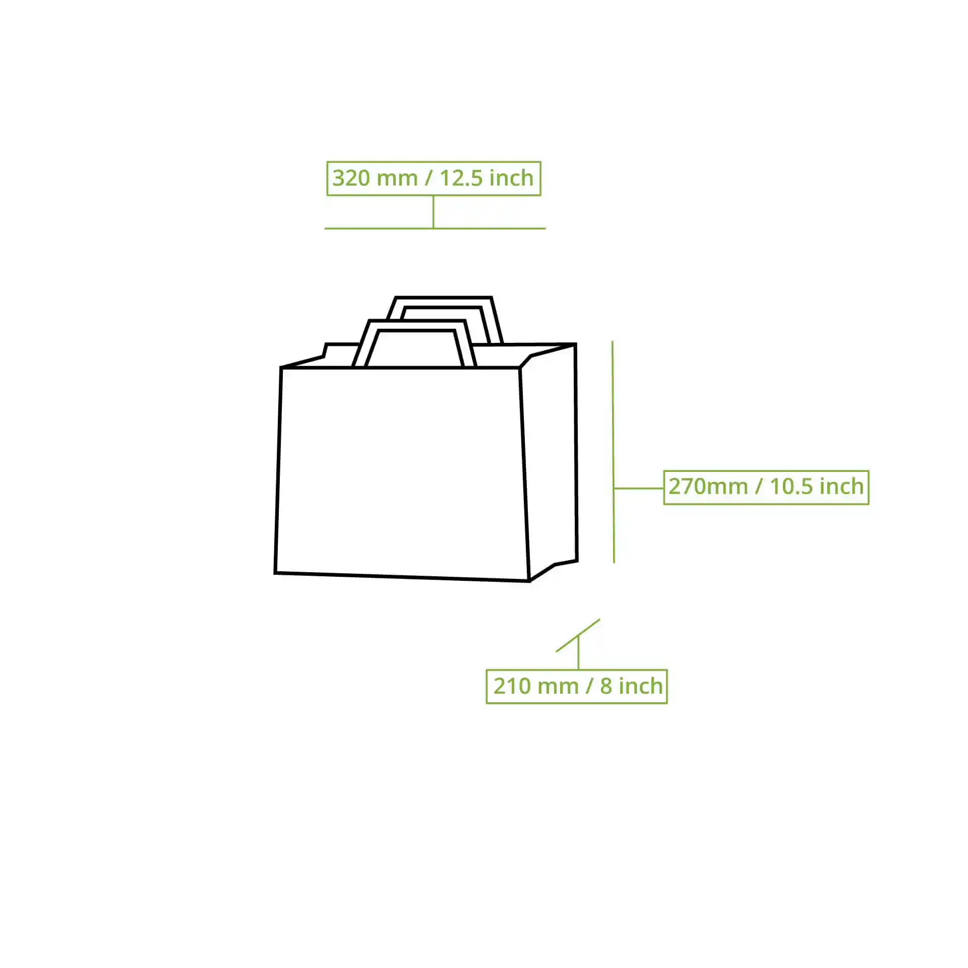 Dessin schématique d'un sac en papier avec dimensions étiquetées : 320 mm de longueur, 270 mm de hauteur et 210 mm de largeur.