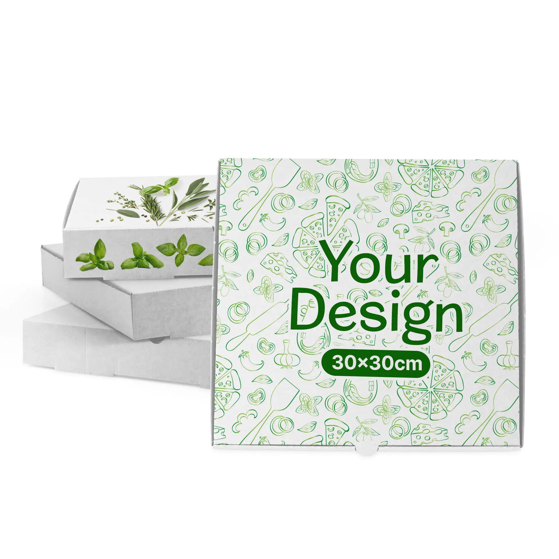 Boîte à pizza blanche avec des éléments de design verts, mesurant 30 x 30 cm, devant deux boîtes blanches simples.