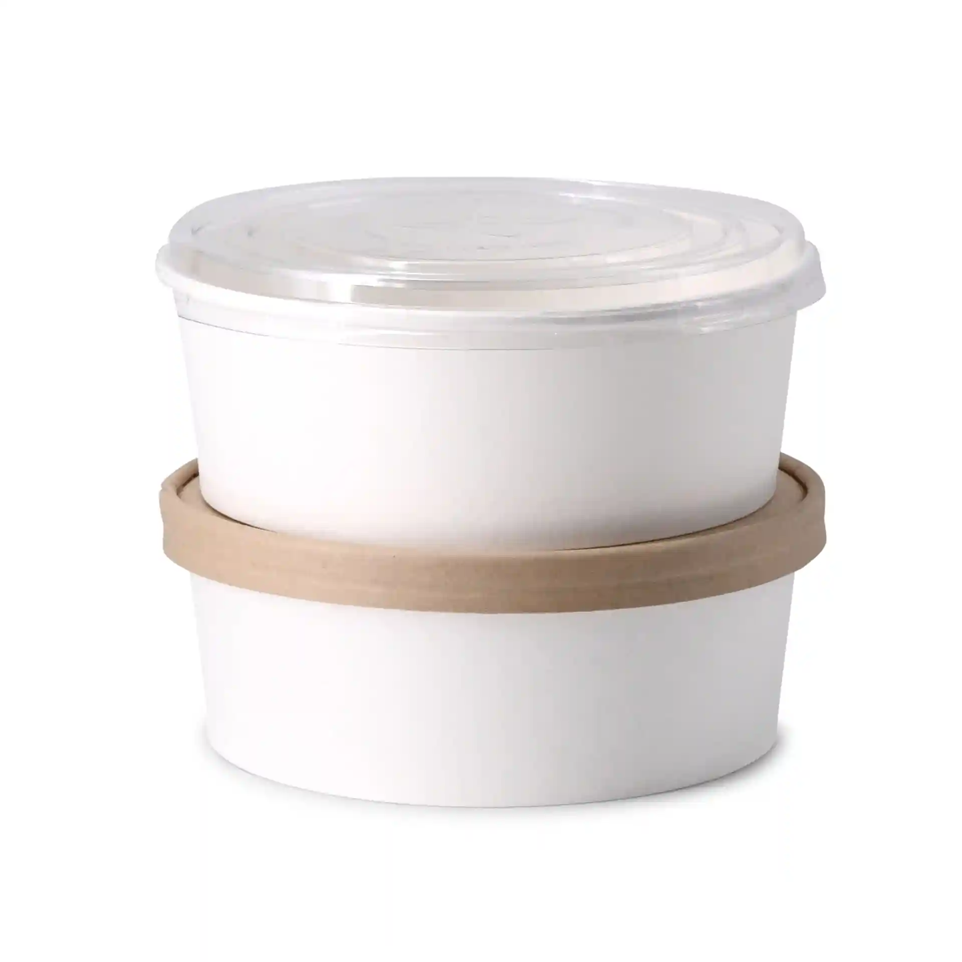 Bol rond en carton blanc avec un couvercle transparent, empilé sur un autre bol avec une bande en papier brun.