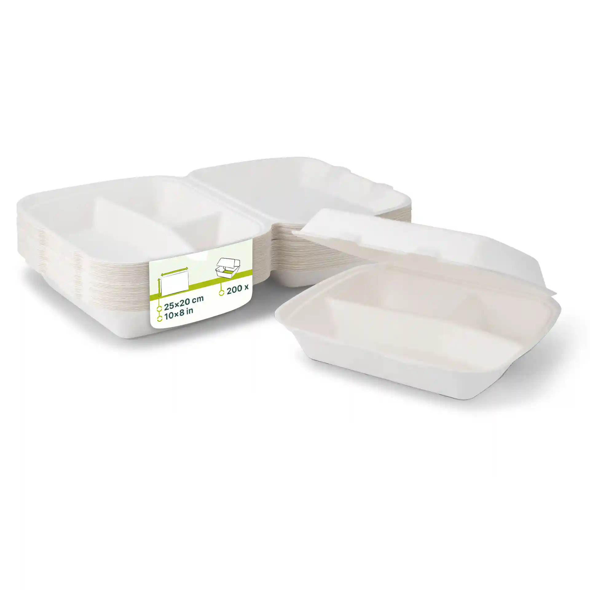 Conteneur de menu rectangulaire blanc en canne à sucre avec trois compartiments, couvercle à charnière et design empilable.