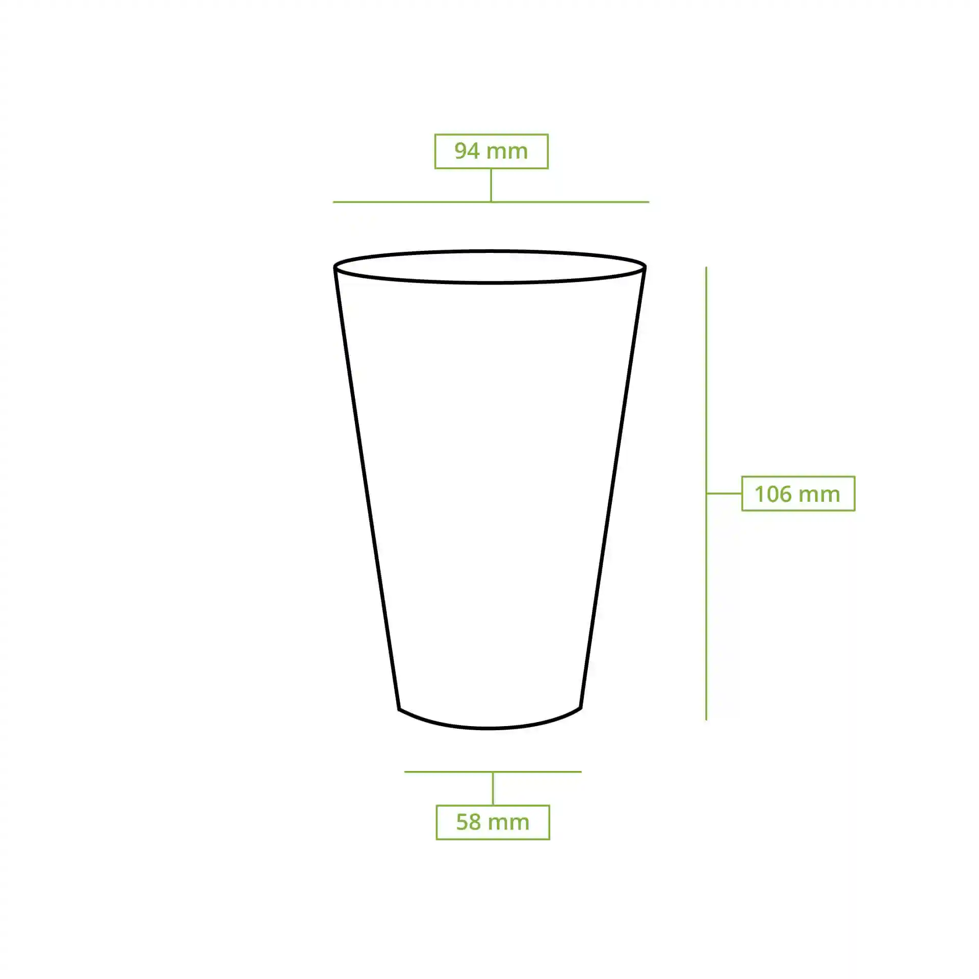 Dessin schématique d'un gobelet en plastique transparent avec dimensions : hauteur 106 mm, diamètre supérieur 95 mm, diamètre inférieur 58 mm.