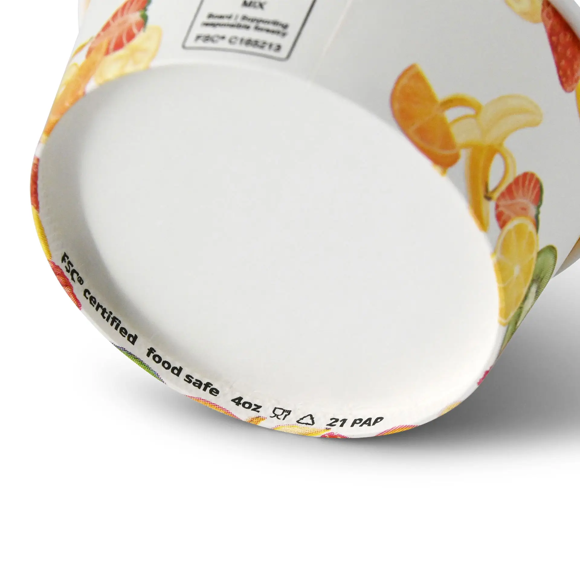 Gobelet en papier imprimé, forme ronde, capacité de 4 oz et design coloré de fruits à l'extérieur.