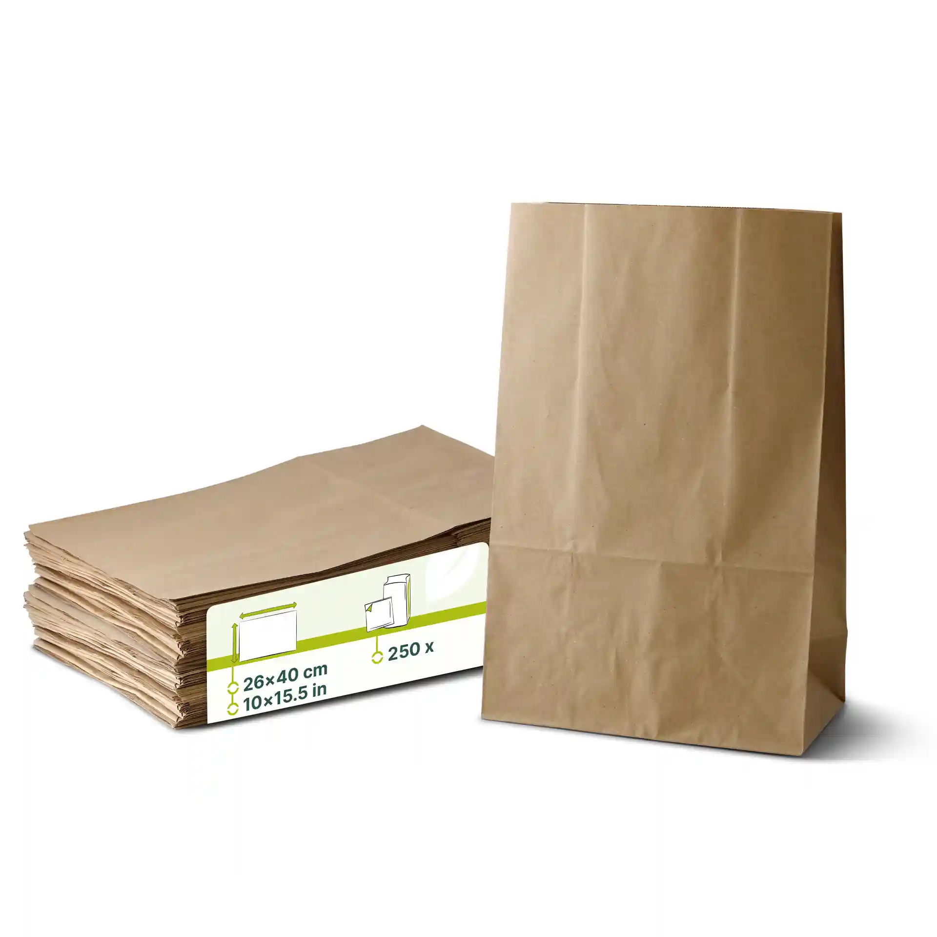 Sacs de shopping en kraft marron, forme rectangulaire, mesurant 26 x 14 x 40 cm, avec une pile de plusieurs sacs visible.