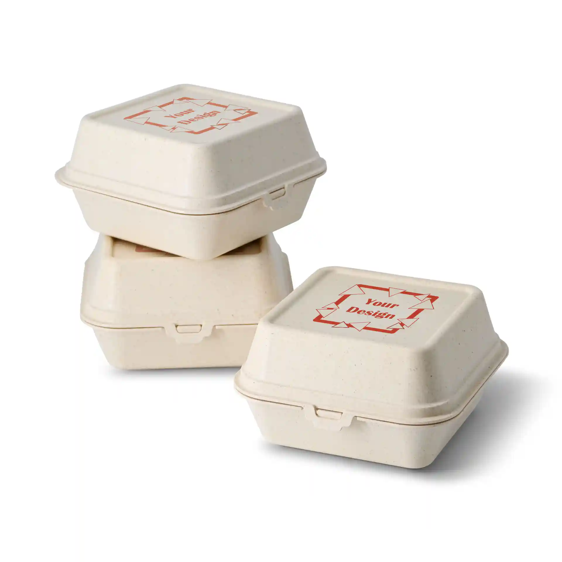 Empilement de boîtes à burgers réutilisables imprimées en crème blanche, de forme rectangulaire, avec une étiquette en haut.