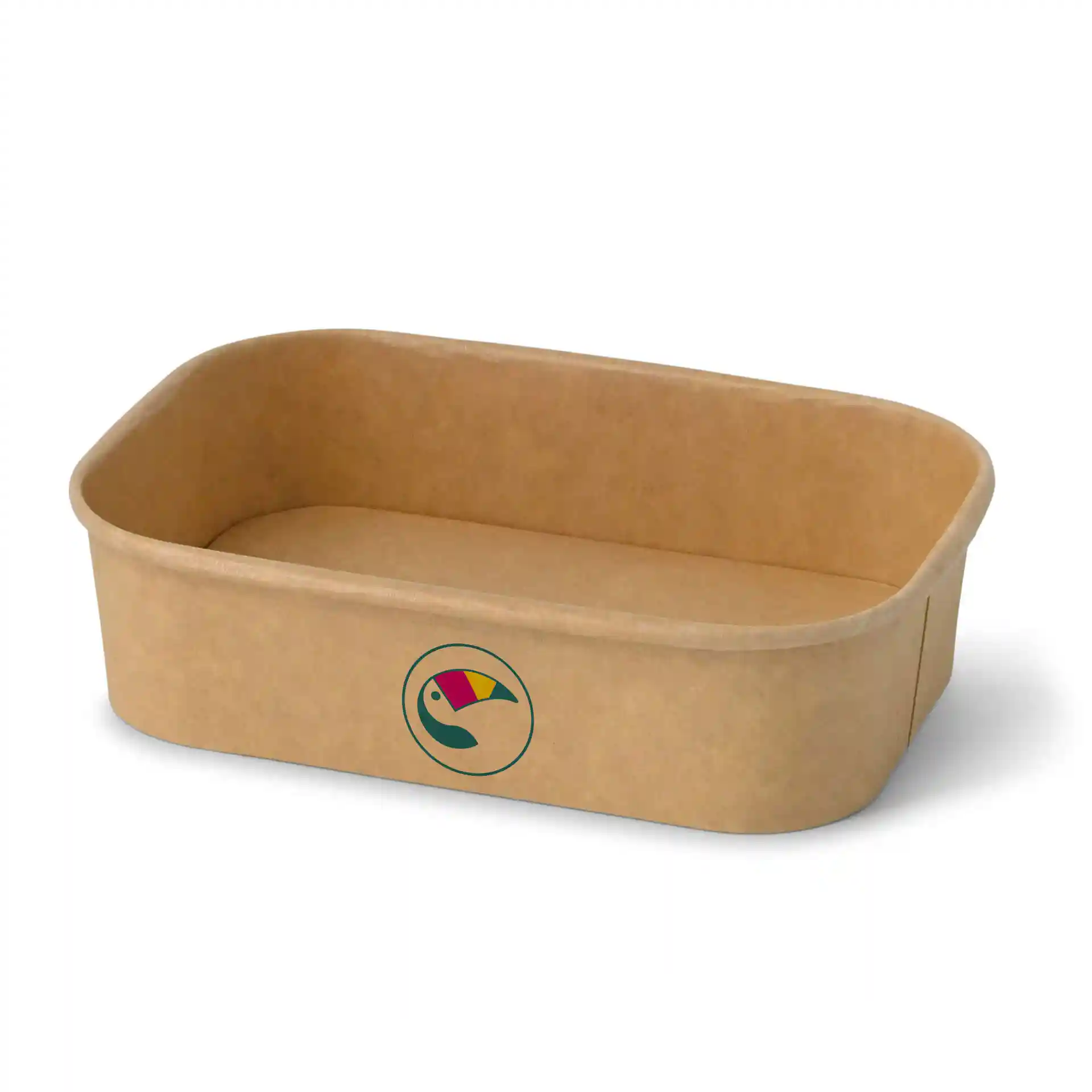 Bol rectangulaire marron avec un intérieur en PE et un logo circulaire représentant un toucan.
