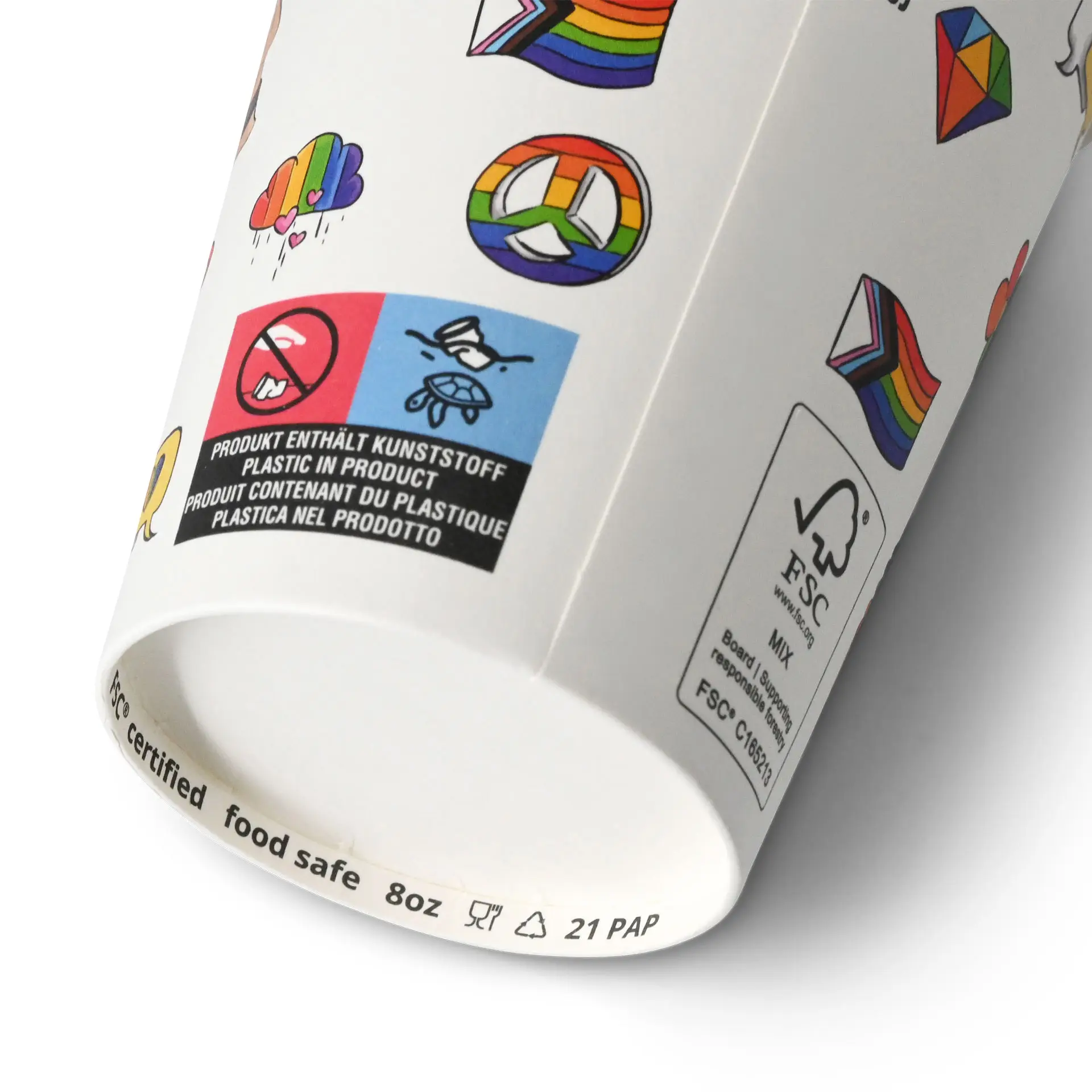 Un gobelet en papier blanc avec des motifs colorés liés à la fierté LGBTQ+ ; comprend des certifications et des symboles de sécurité.