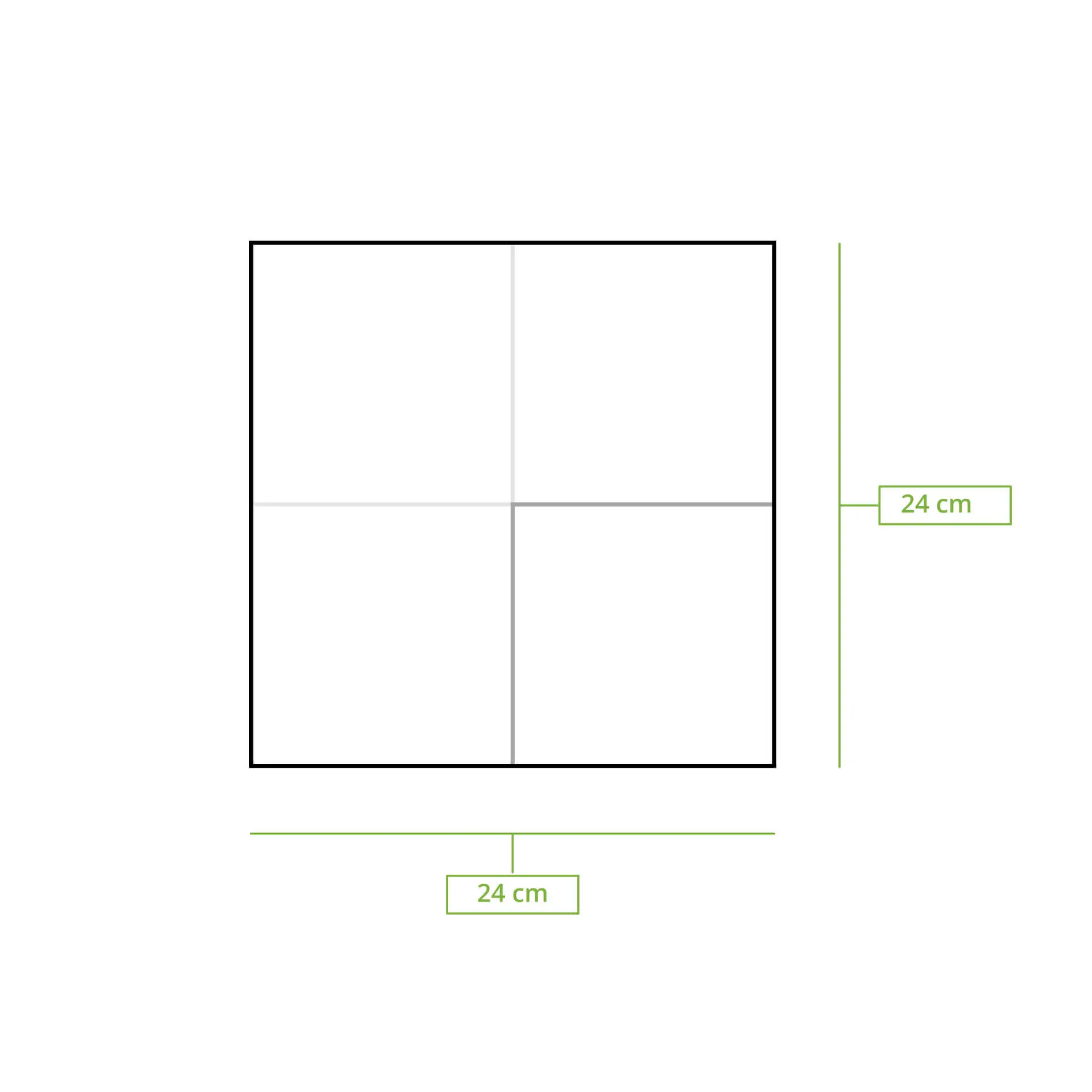 Serviette à cocktail blanche, 24 x 24 cm, 2 plis, avec une bordure noire et des markings indiquant ses dimensions.