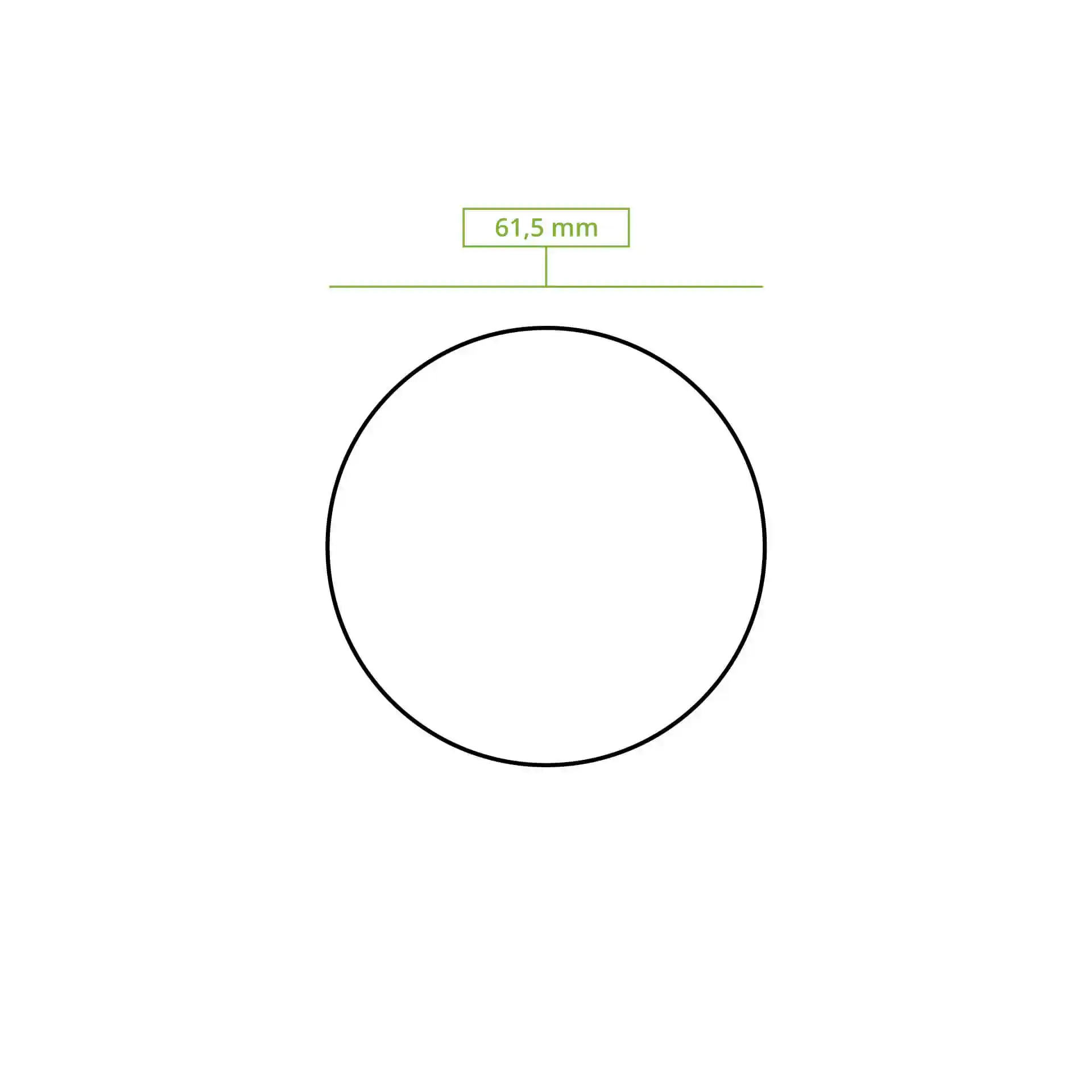 Dessin schématique d'un cercle avec une mesure de diamètre de 61,5 mm.
