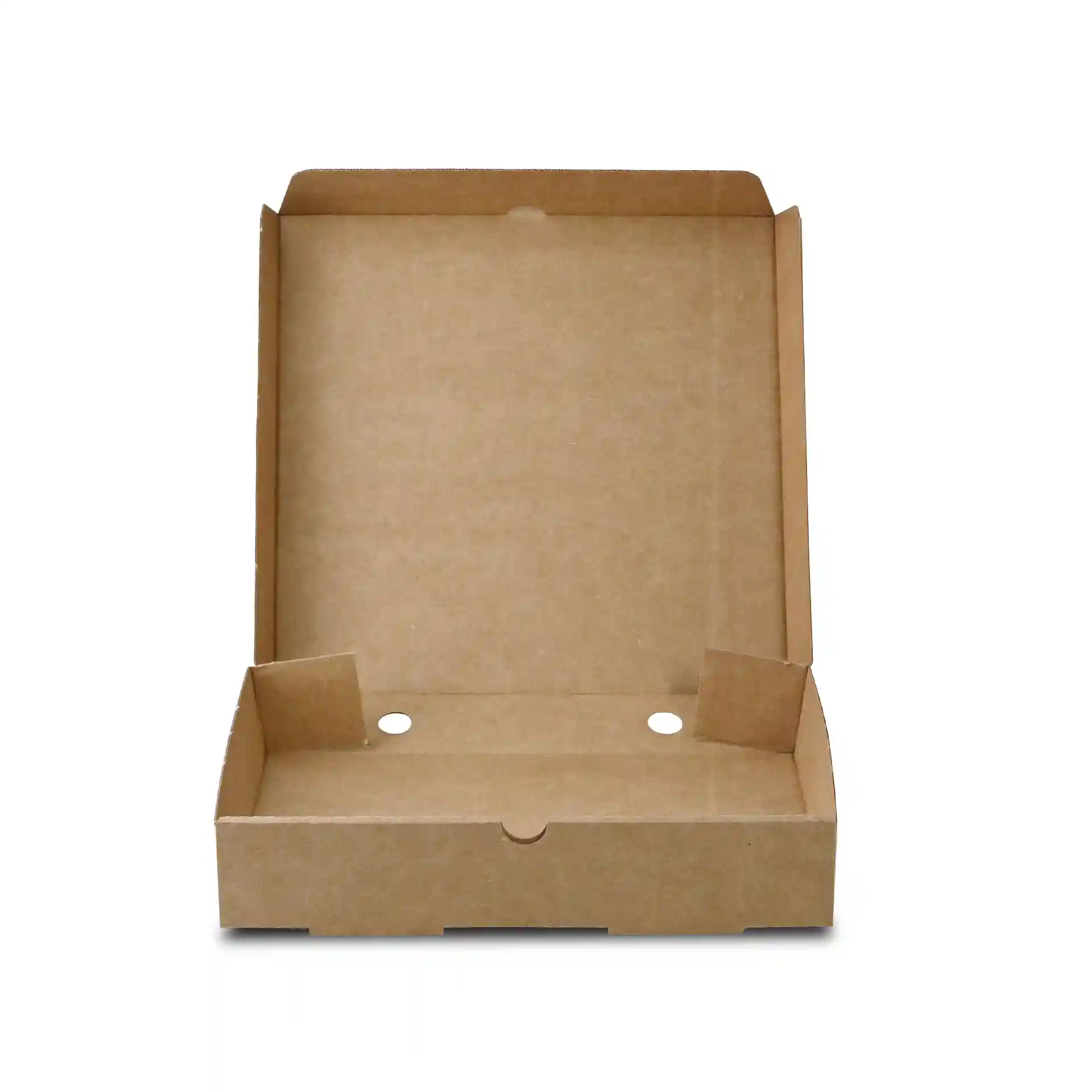 Boîte à pizza en carton marron, forme carrée, ouverte avec deux trous en bas, dimensions 26 cm par 26 cm.