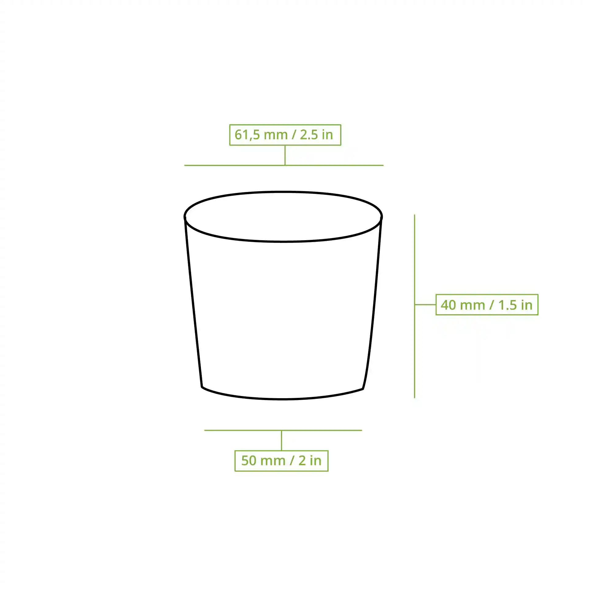 Dessin schématique d'un conteneur rond avec dimensions : hauteur 40 mm, diamètre supérieur 62 mm, diamètre inférieur 50 mm.