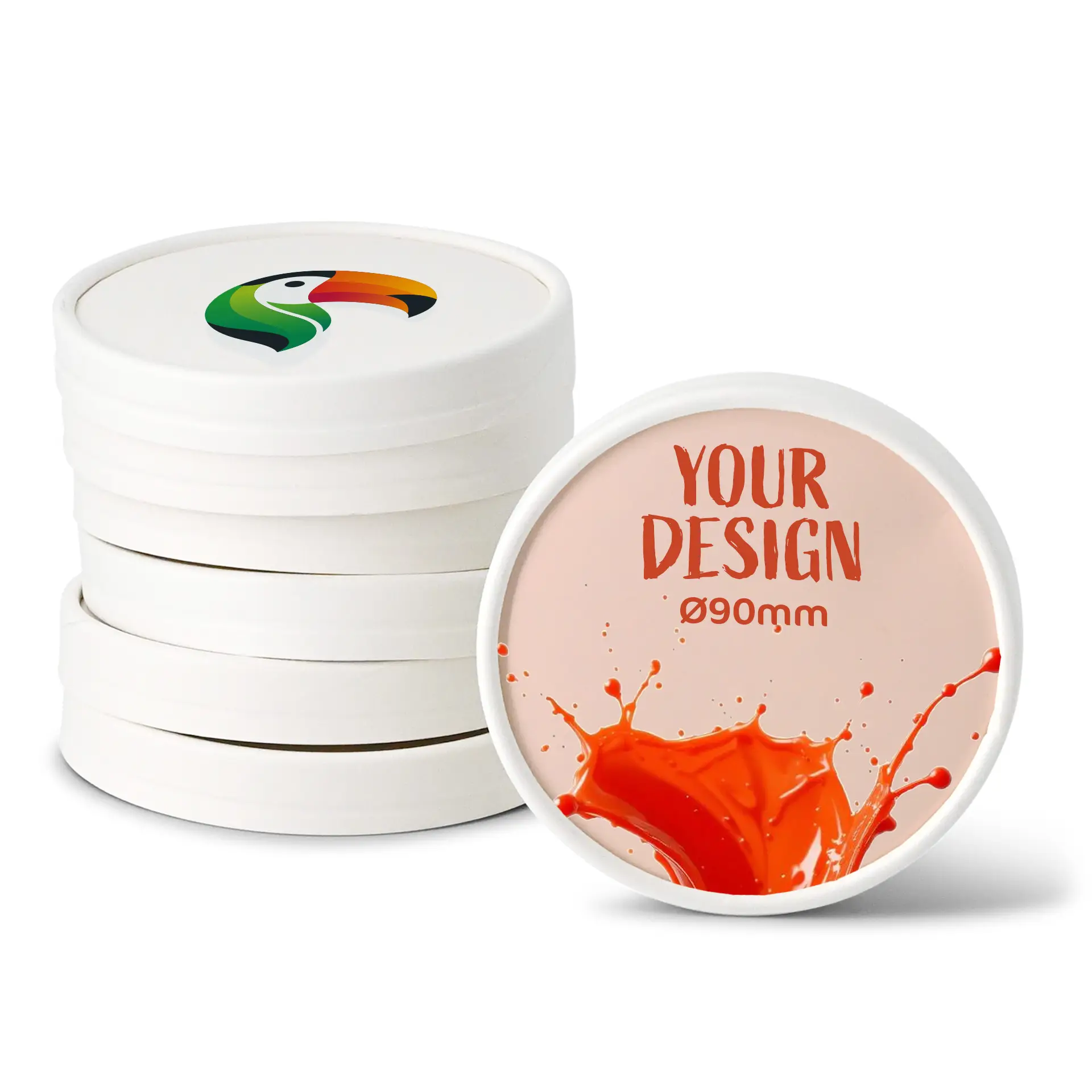 Couvercles en carton imprimés sur mesure pour pots de glace, avec logo toucan et superficie design, empilables en blanc.