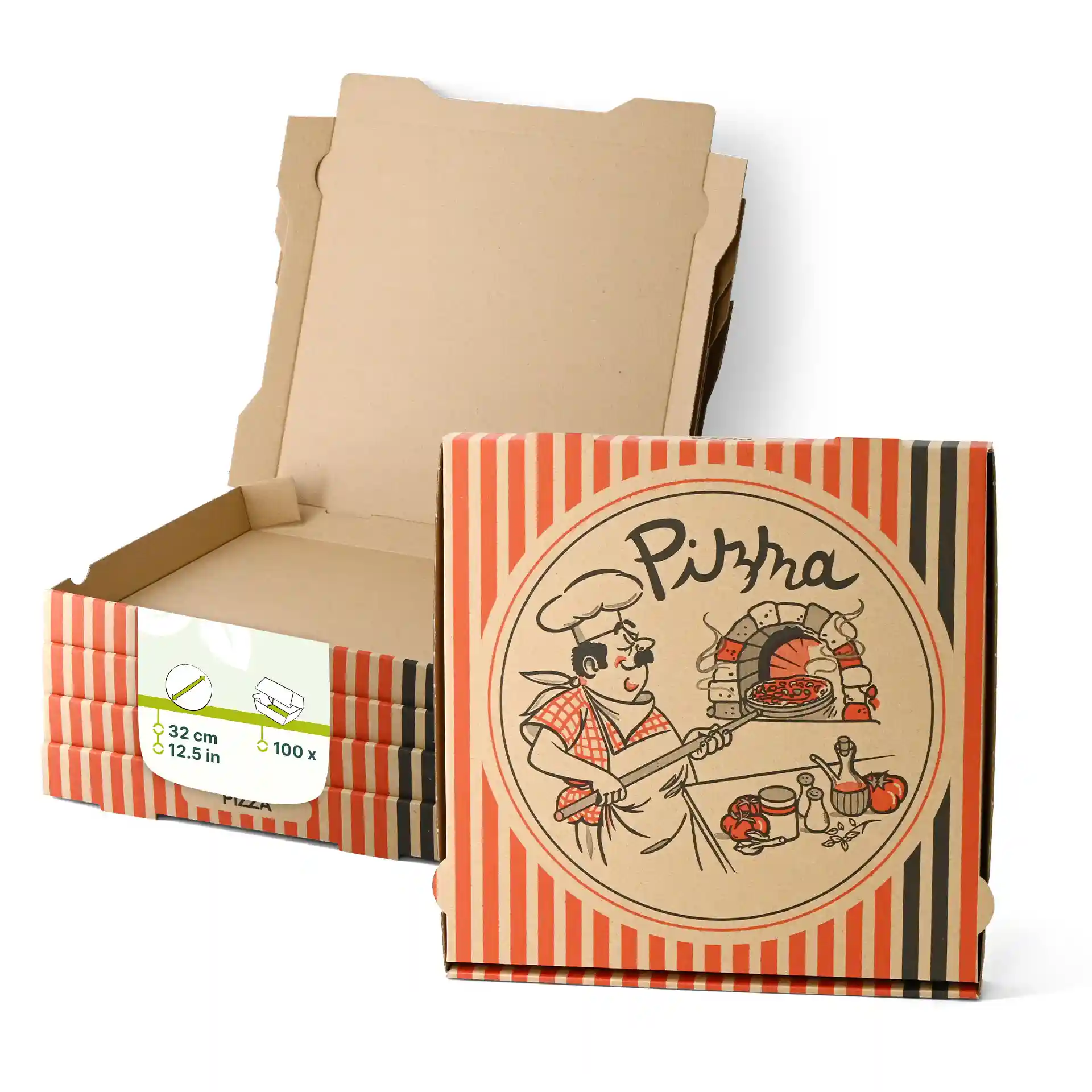 Boîte à pizza avec un design de chef pizzaiolo, dimensions 32 x 32 x 4 cm, montrée avec plusieurs boîtes empilées.
