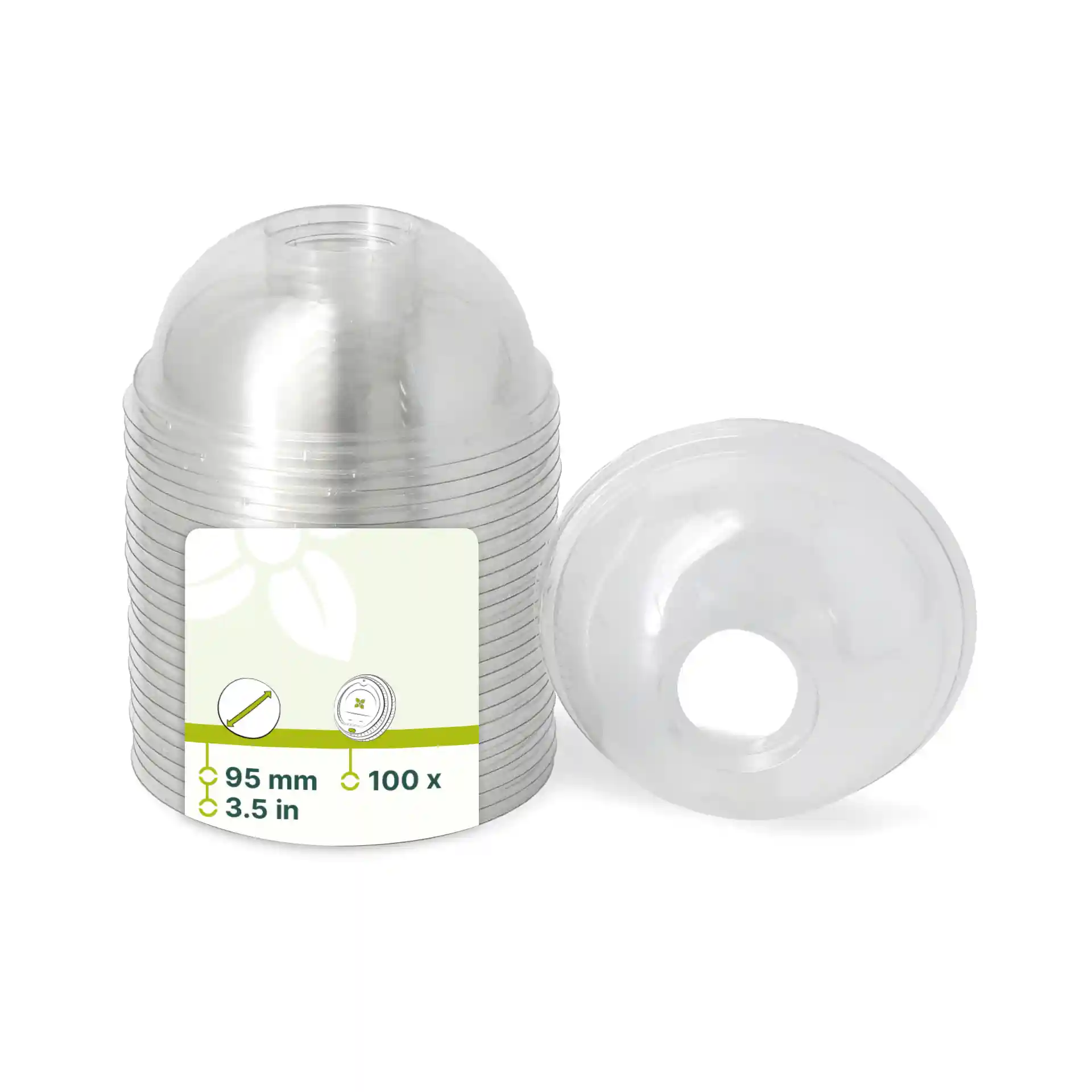 Couvercles en rPET transparents avec trou pour paille, diamètre de 95 mm, empilés avec un couvercle à côté.
