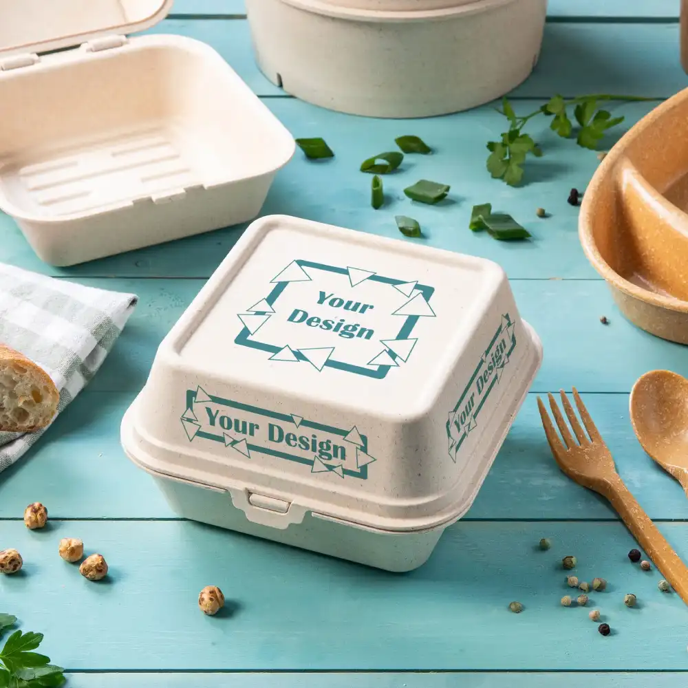 Boîte à emporter carrée biodégradable avec une étiquette de design personnalisable, entourée d'articles alimentaires et d'ustensiles.