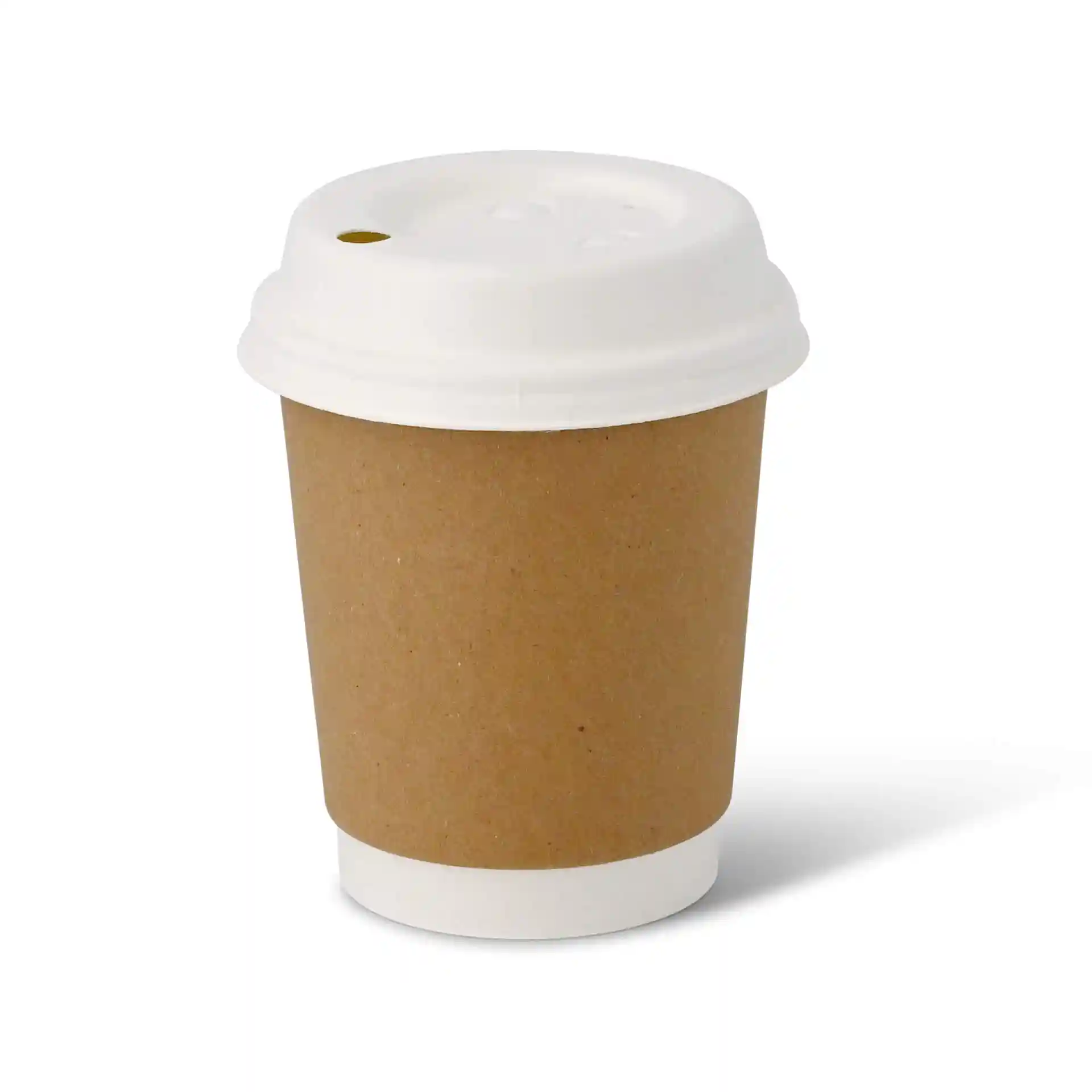 Gobelet en carton double paroi marron avec couvercle blanc, capacité de 8 oz et diamètre de 80 mm.