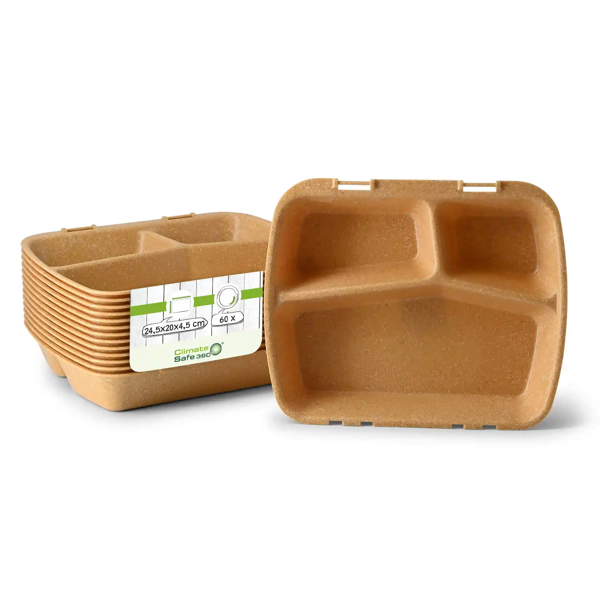 Conteneur de repas réutilisable marron avec trois compartiments, mesurant 24,5 x 20 x 4,5 cm, empilé avec une étiquette.