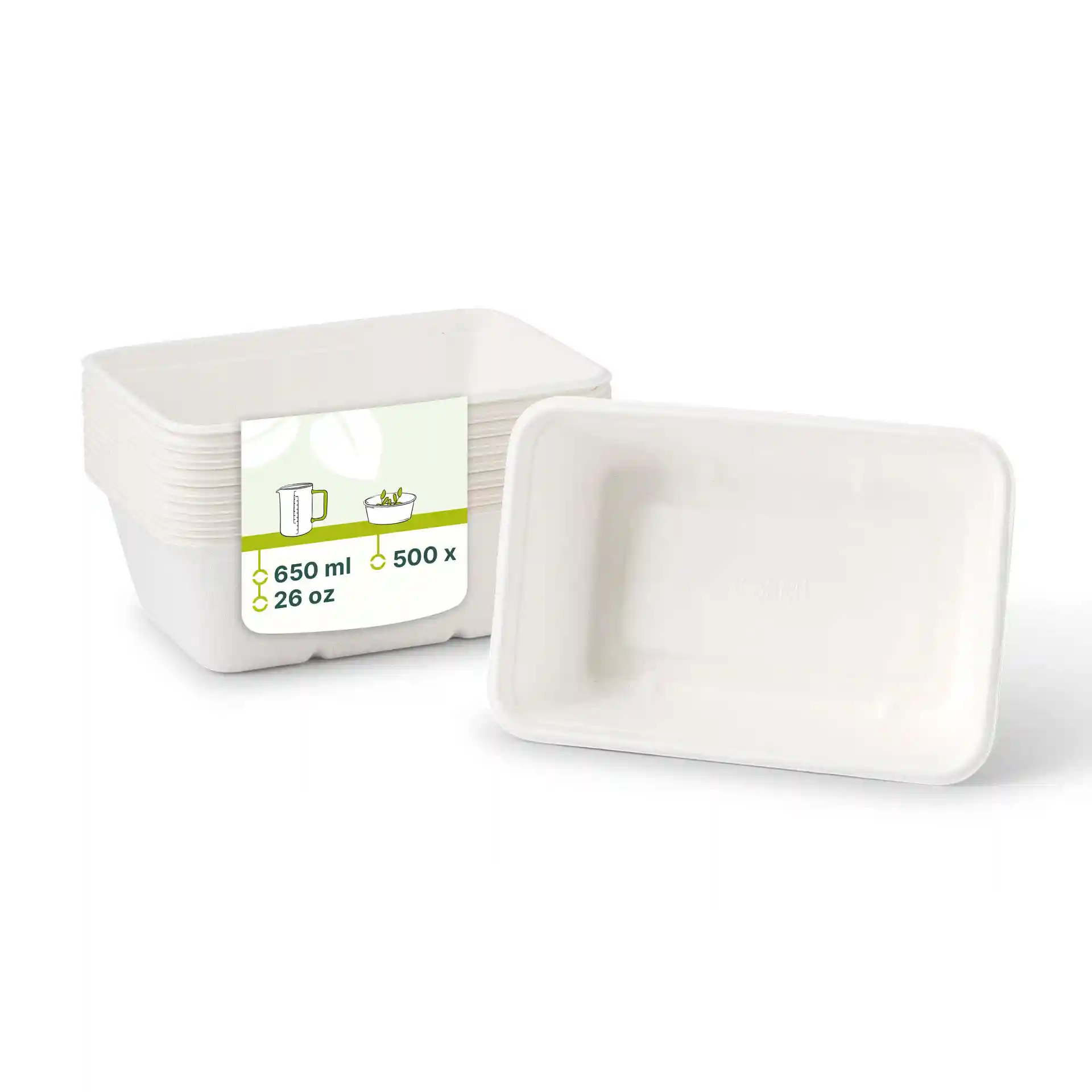 Bol rectangulaire blanc en canne à sucre, capacité de 650 ml, avec une étiquette montrant les détails du produit.