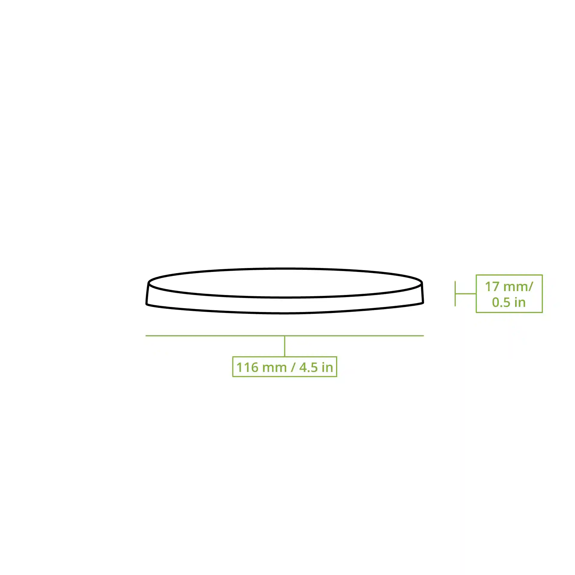 Dessin schématique d'un couvercle rond en carton avec un diamètre de 116 mm et une hauteur de 17 mm.