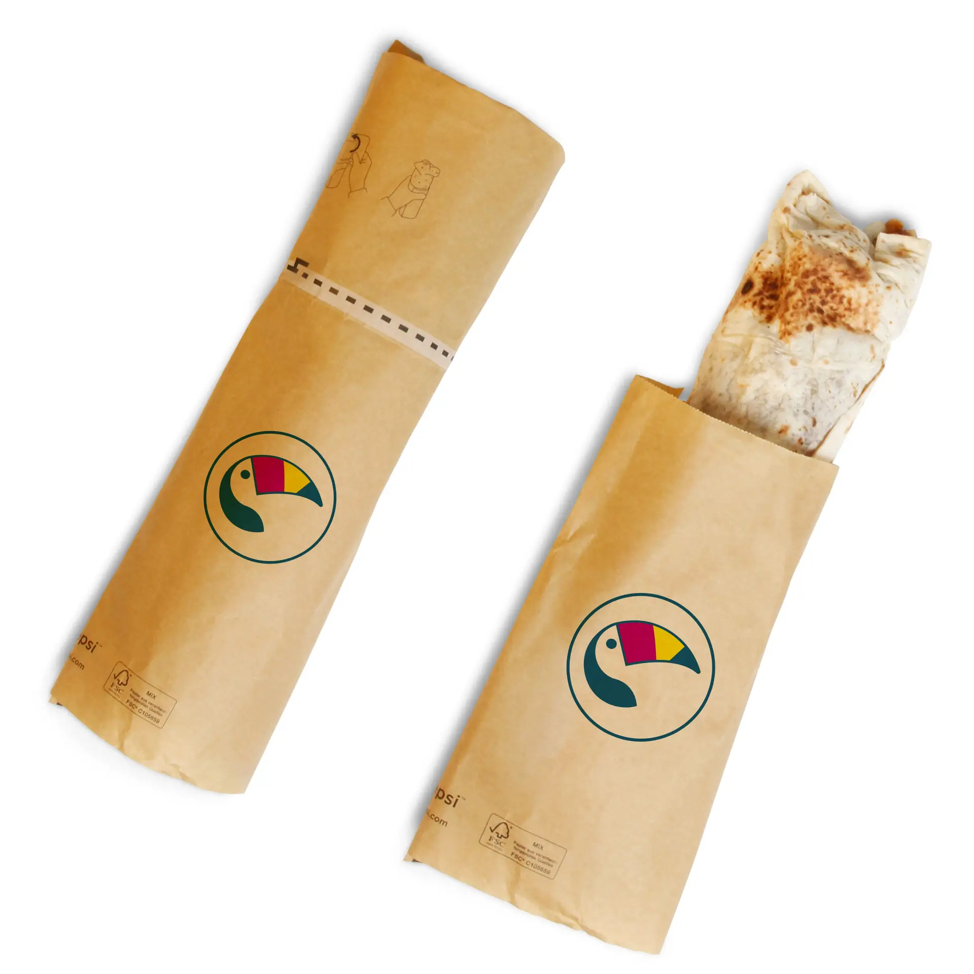 Emballage personnalisé imprimé avec fermeture adhésive ; contient un emballage en papier durable et résistant à la graisse.