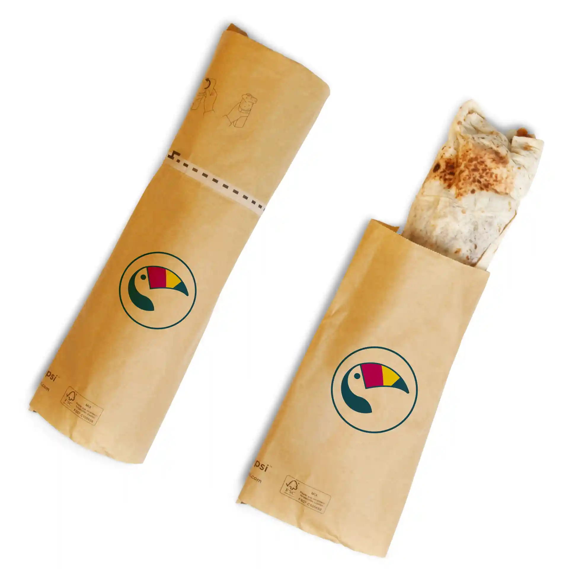 Emballage en papier brun avec un logo de toucan, tenant un burrito, mesurant 42 x 26 x 12 cm.