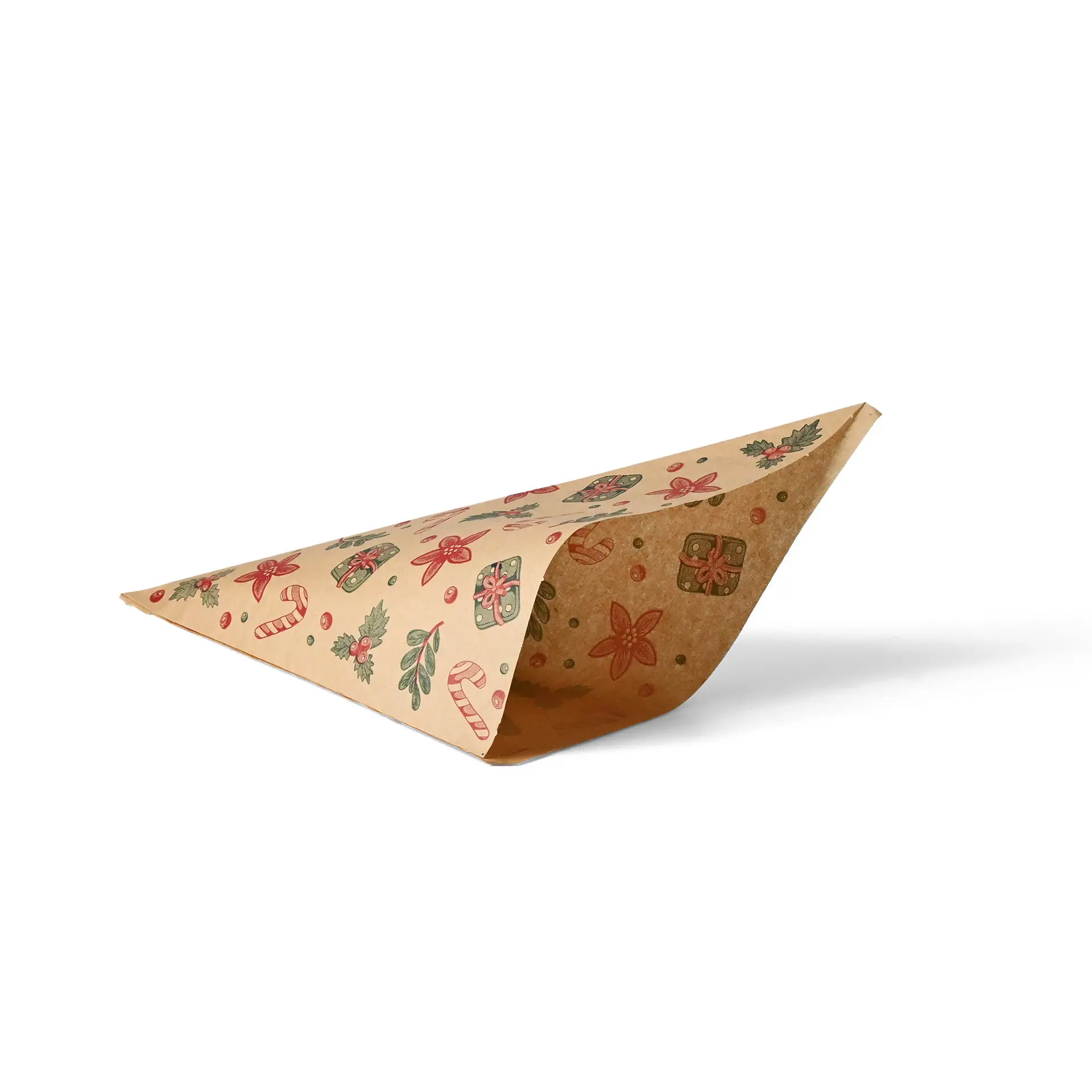 Sac en papier brun avec un design d'hiver, présentant divers motifs festifs, en forme triangulaire.