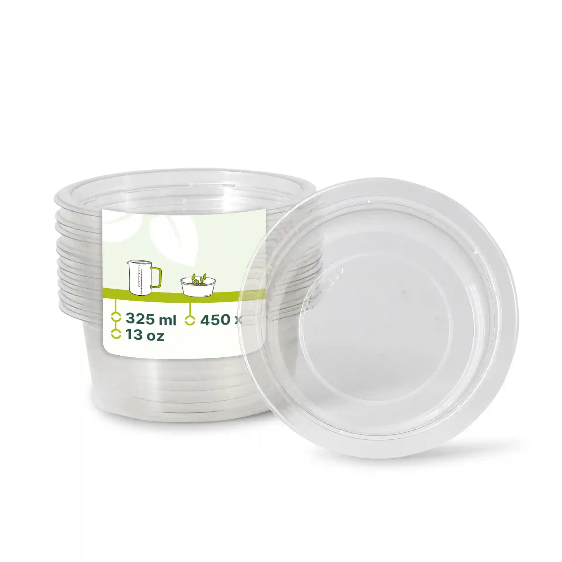 Pots deli rPET transparents, ronds, empilés, chacun d'une capacité de 325 ml et d'un diamètre de 123 mm.