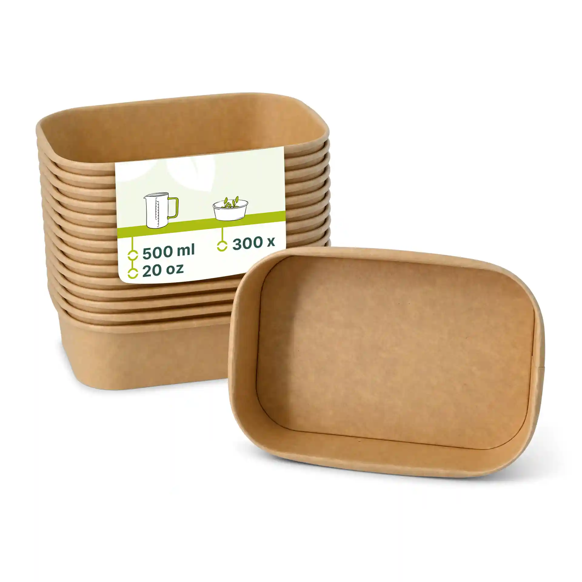 Conteneurs alimentaires en carton brun rectangulaires empilés, avec un conteneur devant montrant une étiquette avec des détails de volume.