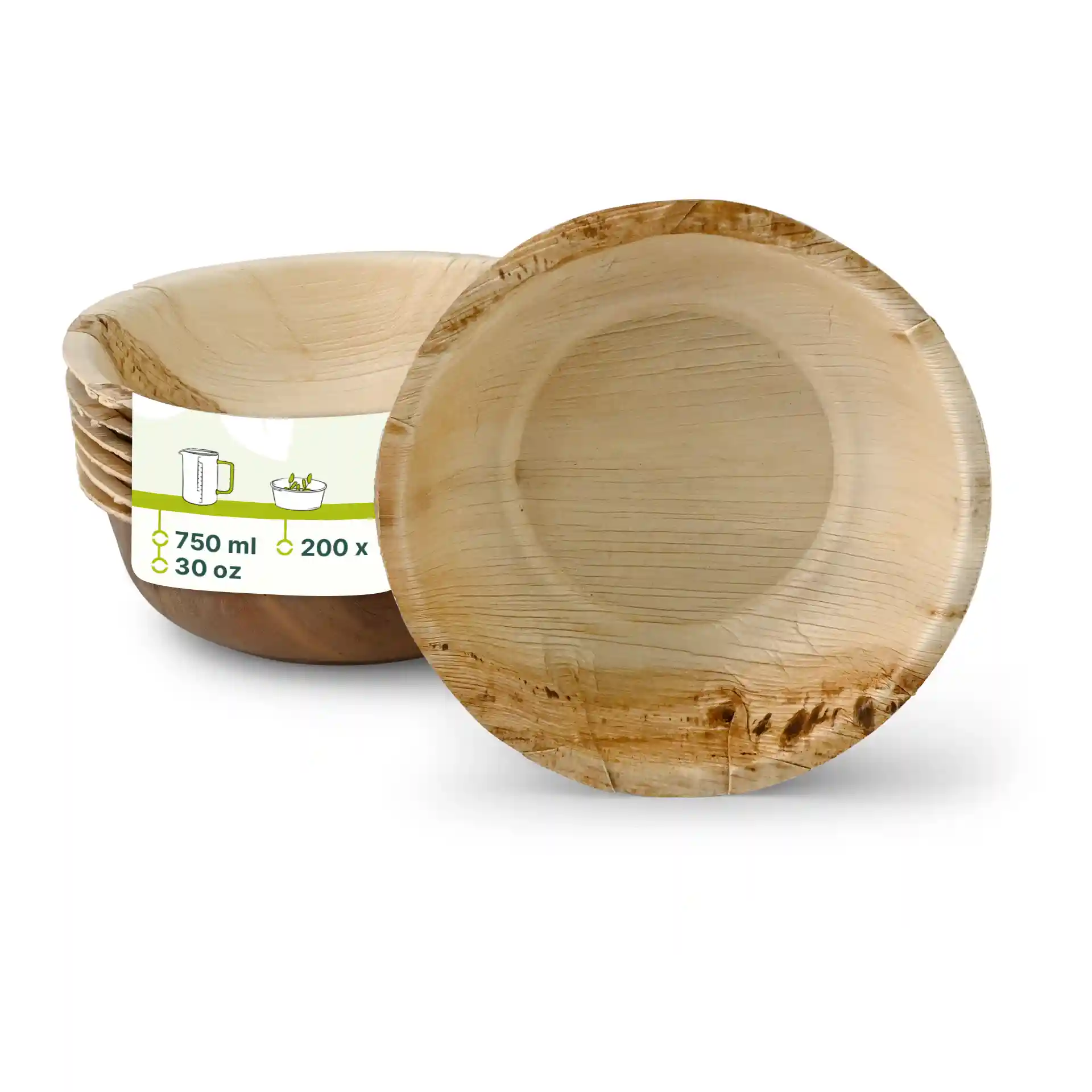 Bol rond en feuille de palmier avec une finition grainée, montrant un bol devant et plusieurs empilés derrière.