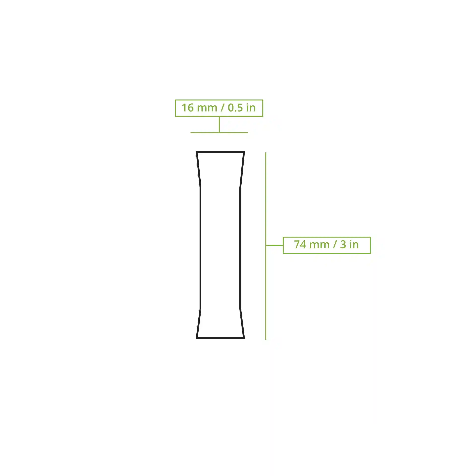 Dessin schématique d'un bâton de sucre avec dimensions étiquetées : 74 mm de hauteur et 16 mm de largeur.