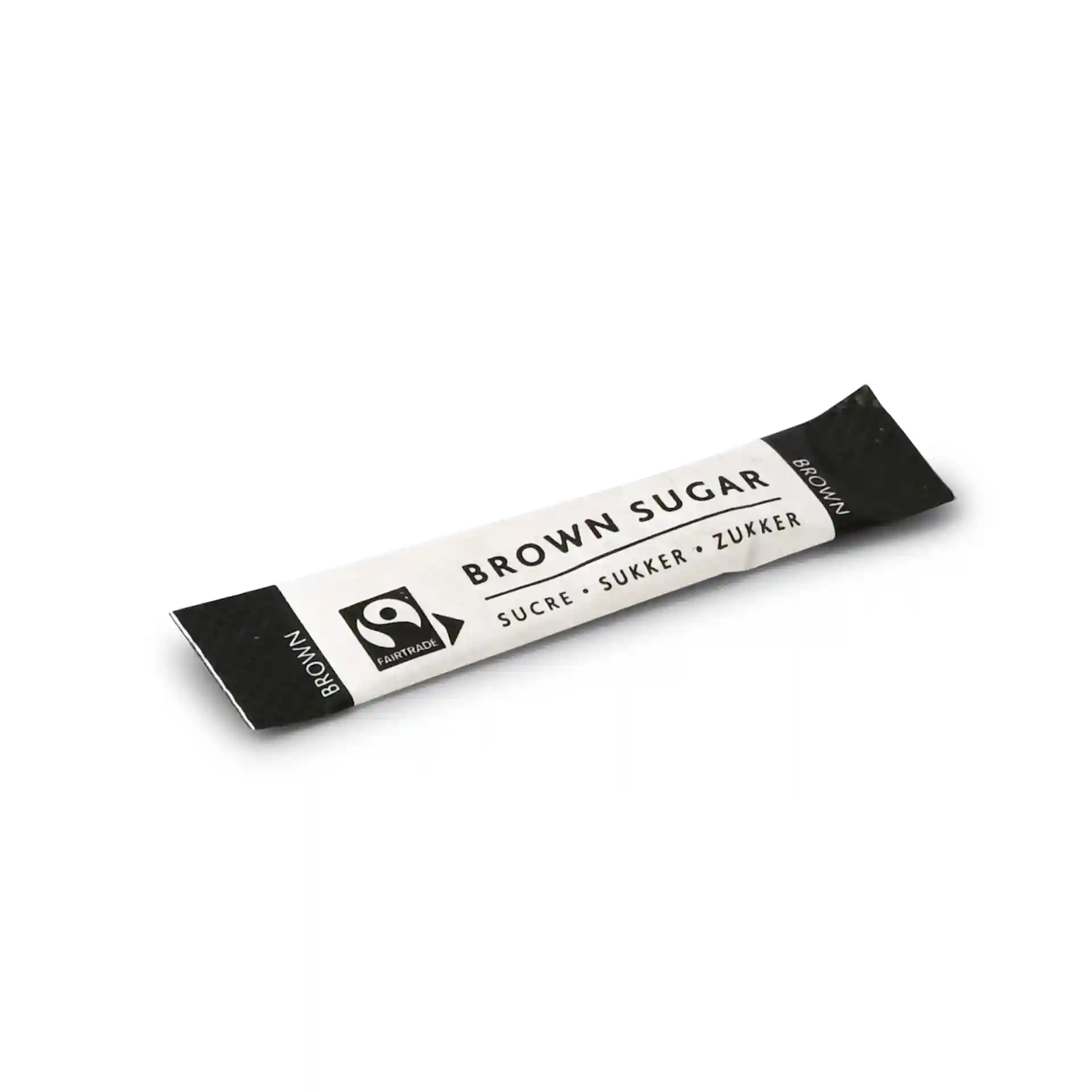 Bâton de sucre brun avec un emballage noir et blanc, mesurant 74 mm de long et 16 mm de large.