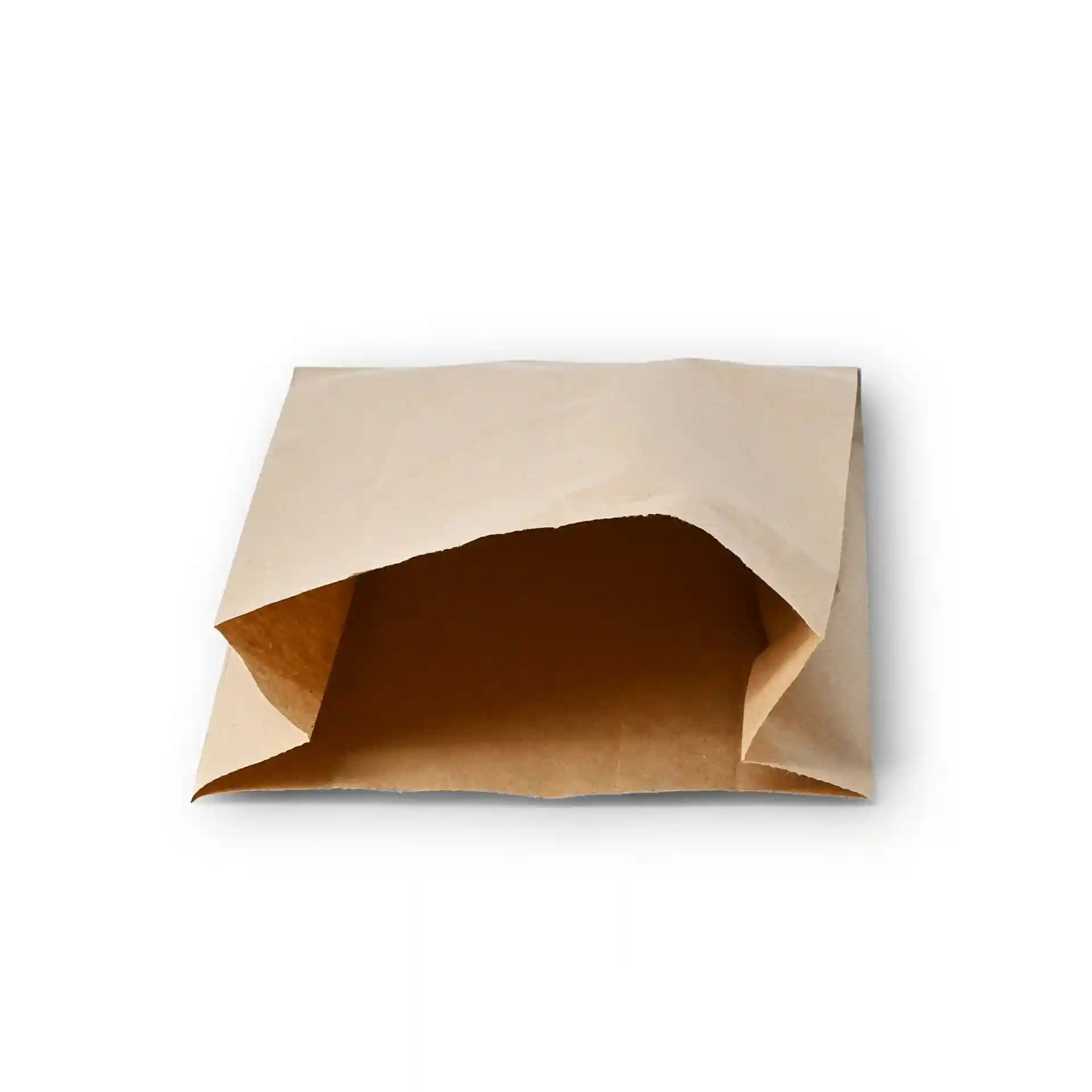 Sac en papier plat marron avec un haut ouvert, mesurant 15 x 6 x 29 cm, montrant l'intérieur.