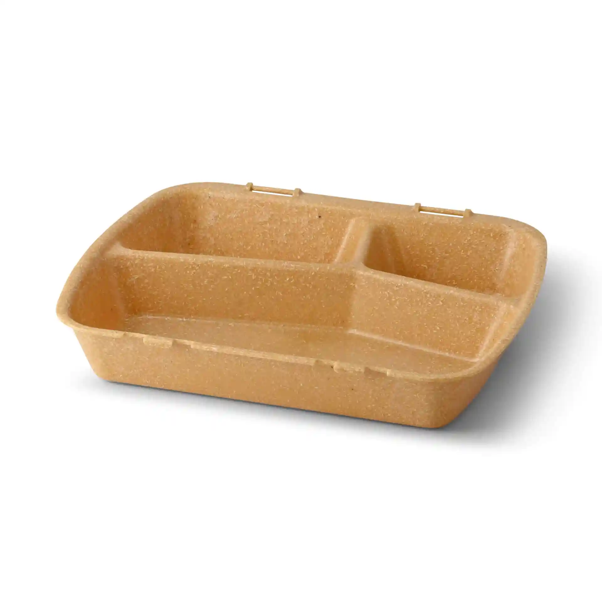 Conteneur de repas réutilisable marron avec trois compartiments, mesurant 24,5 x 20 x 4,5 cm.