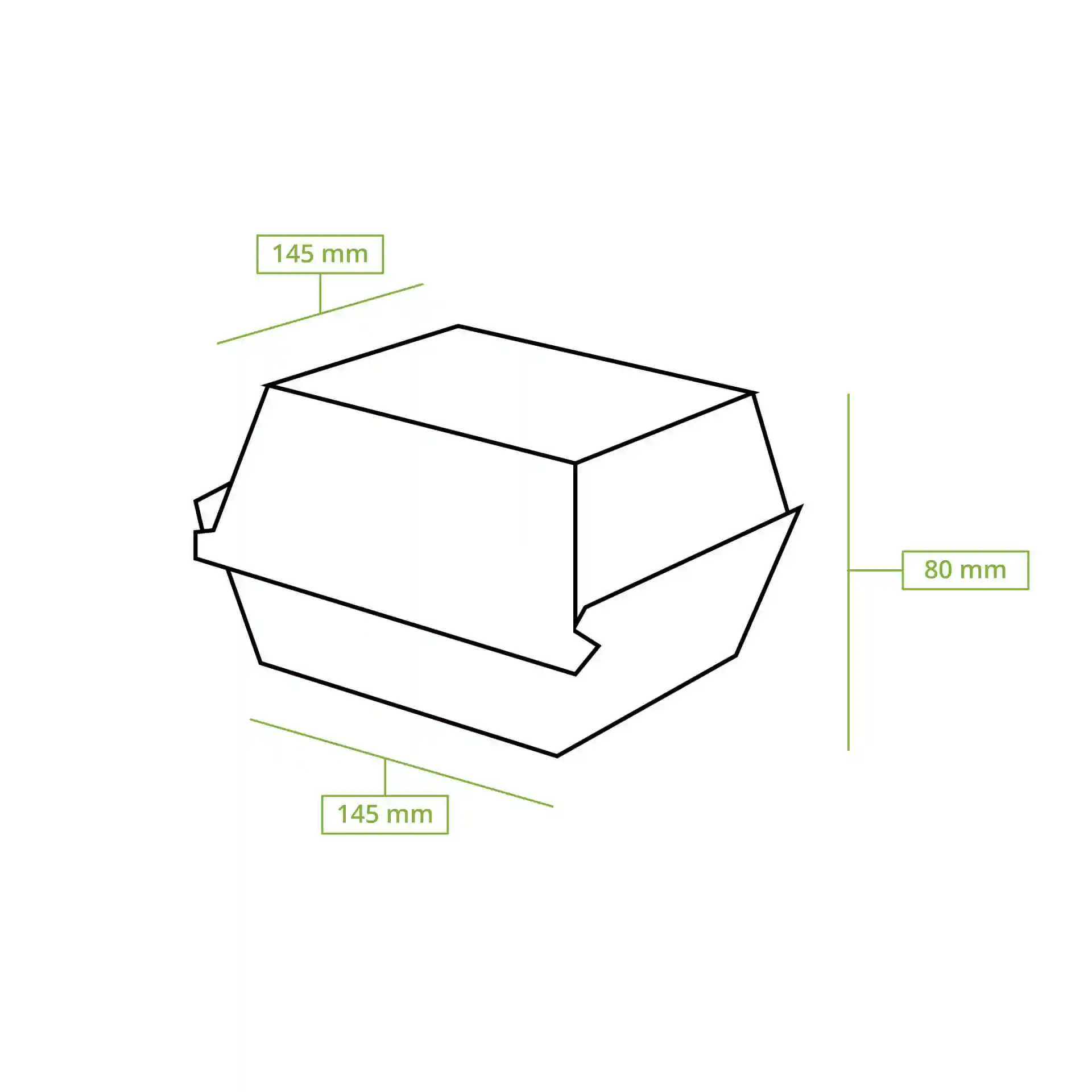 Dessin schématique d'une boîte à burger à emporter carrée avec des dimensions de 145 mm par 145 mm et une hauteur de 80 mm.