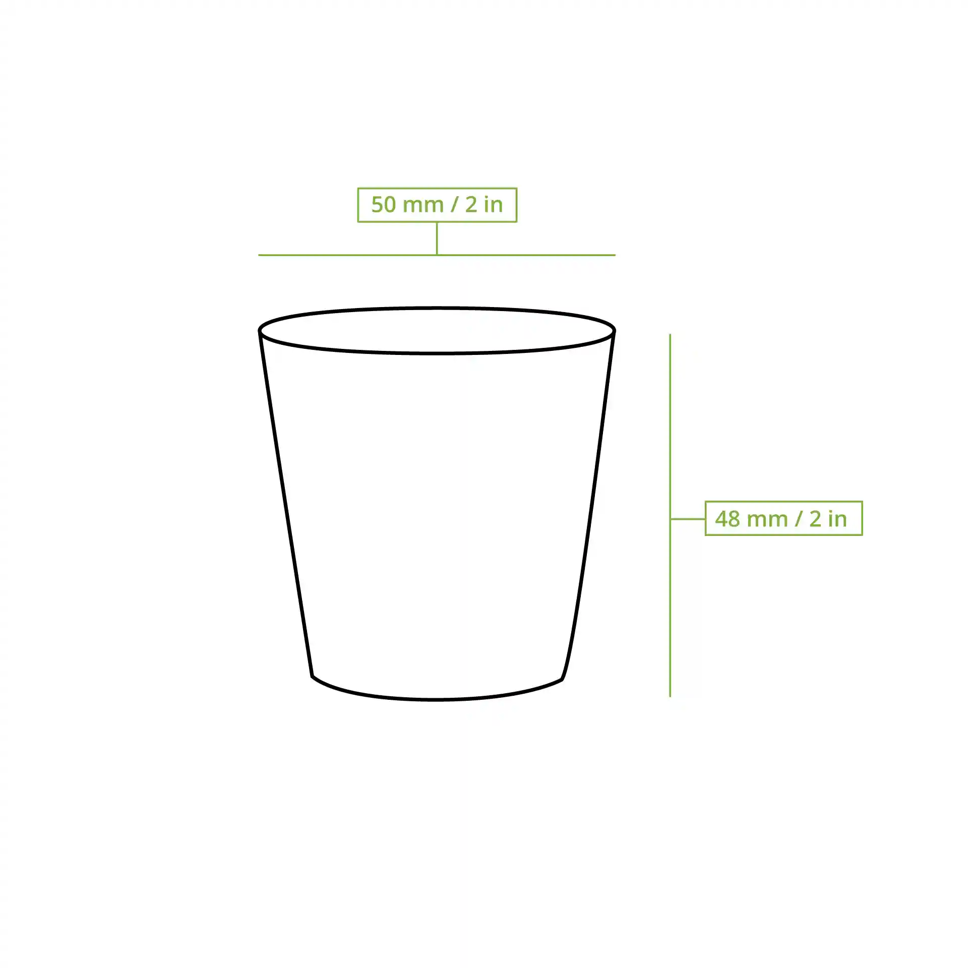 Dessin schématique d'un gobelet avec des lignes de dimension indiquant une hauteur de 50 mm et un diamètre de 50 mm.