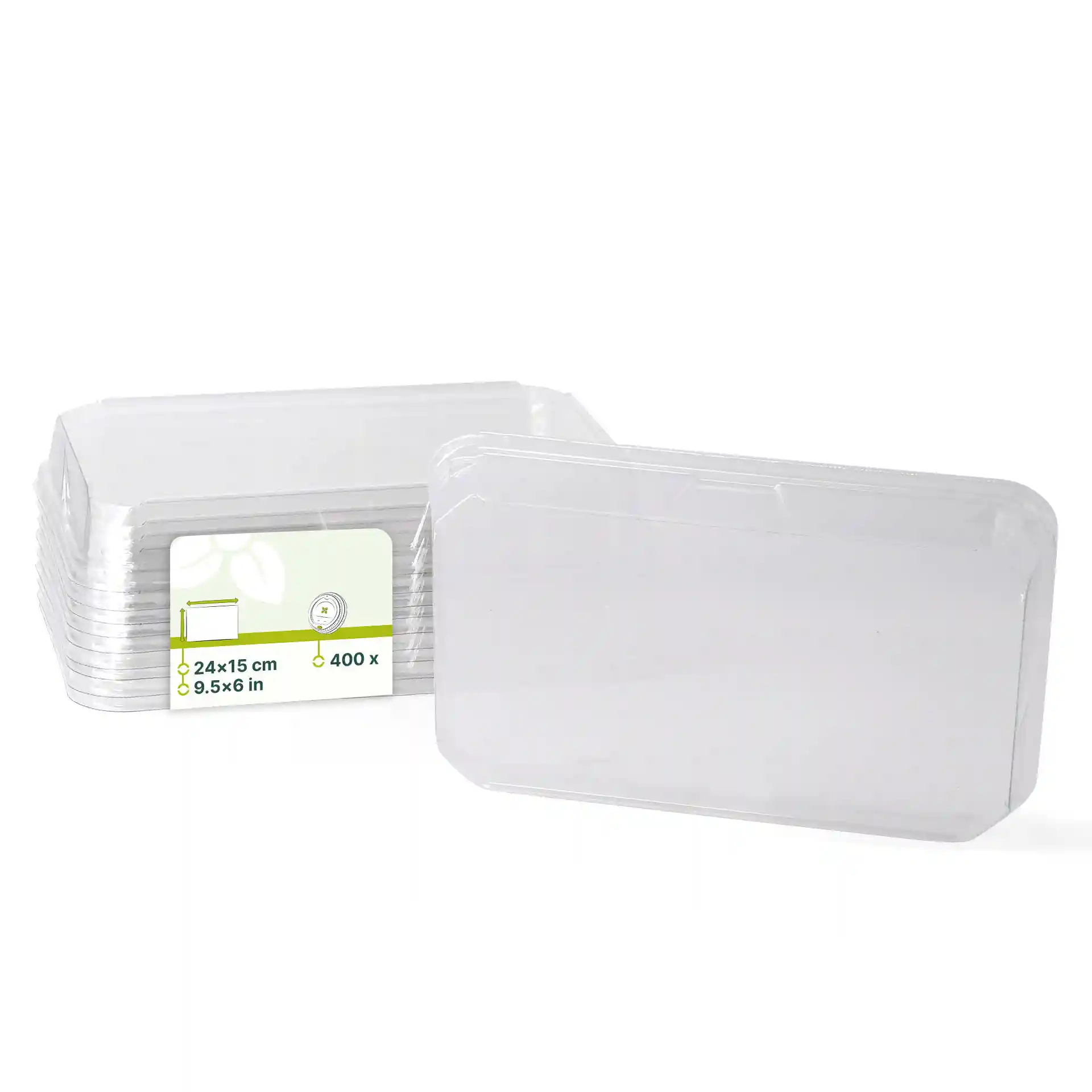 Couvercles en PET transparents pour boîtes à sushi, mesurant 24 x 15 cm, avec une pile de plusieurs couvercles.