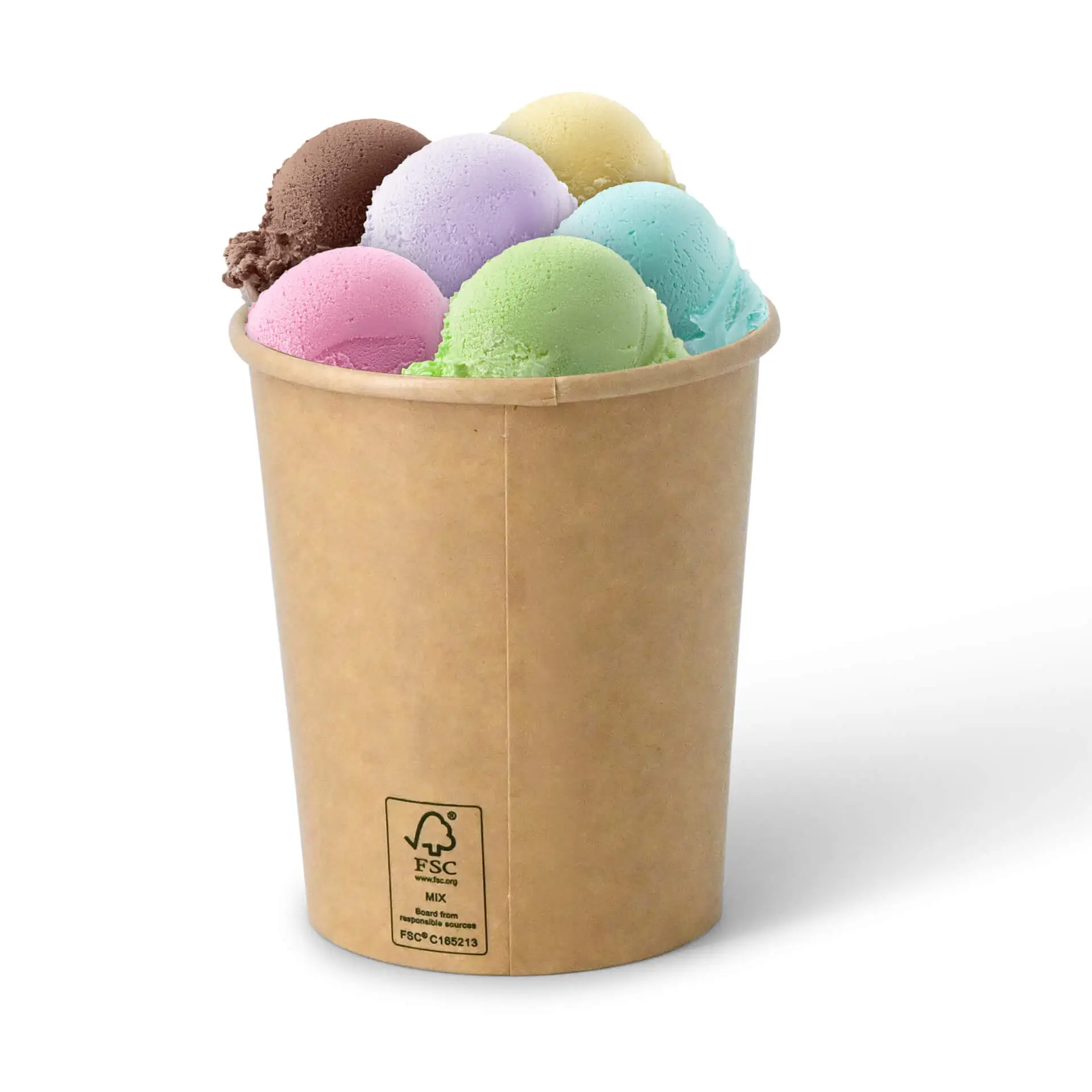 Gobelet en papier brun rond rempli de plusieurs boules de glace de différentes couleurs.
